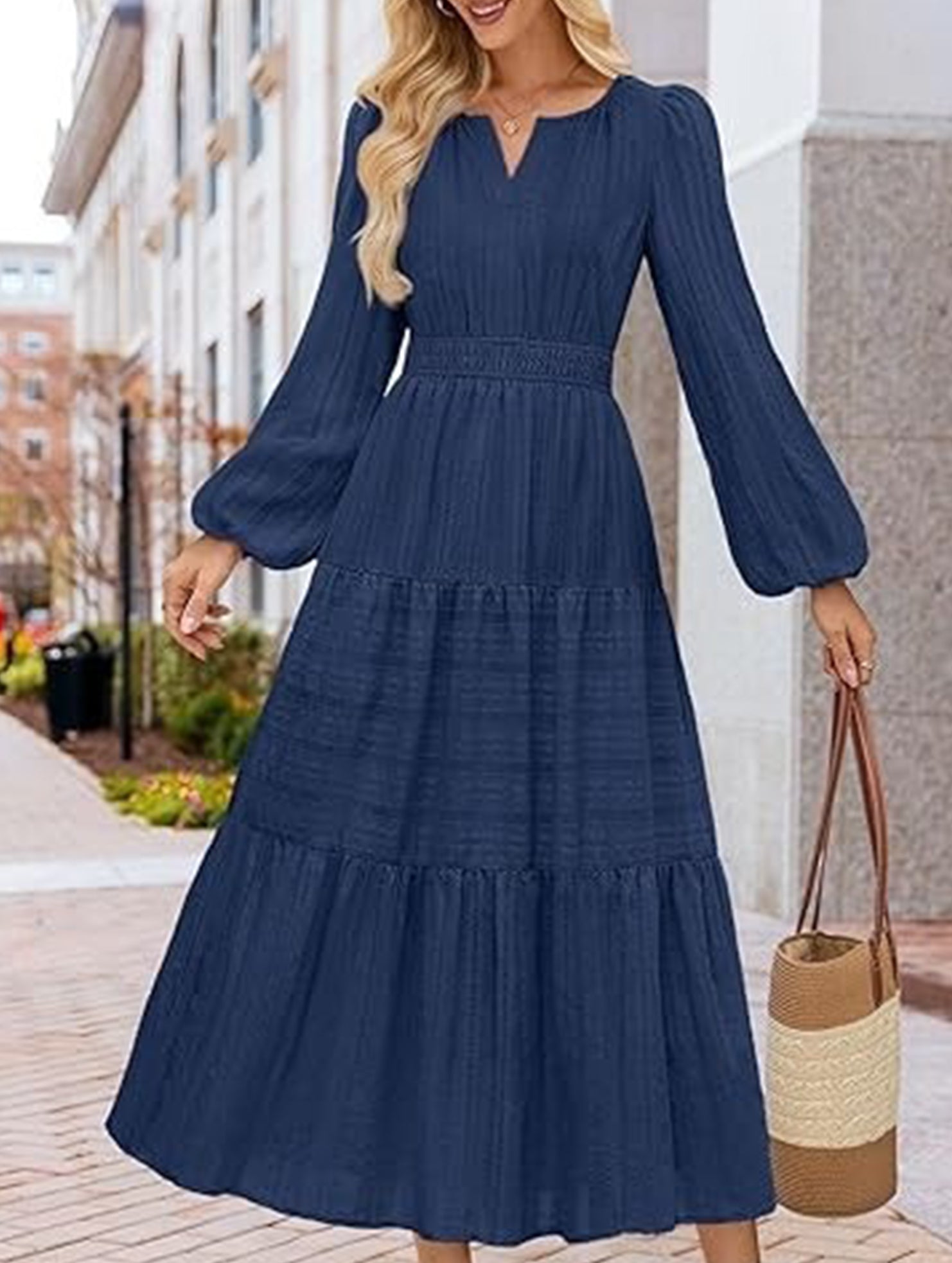 Anna-Berg | V Neck Tiered Puff Sleeve Dress