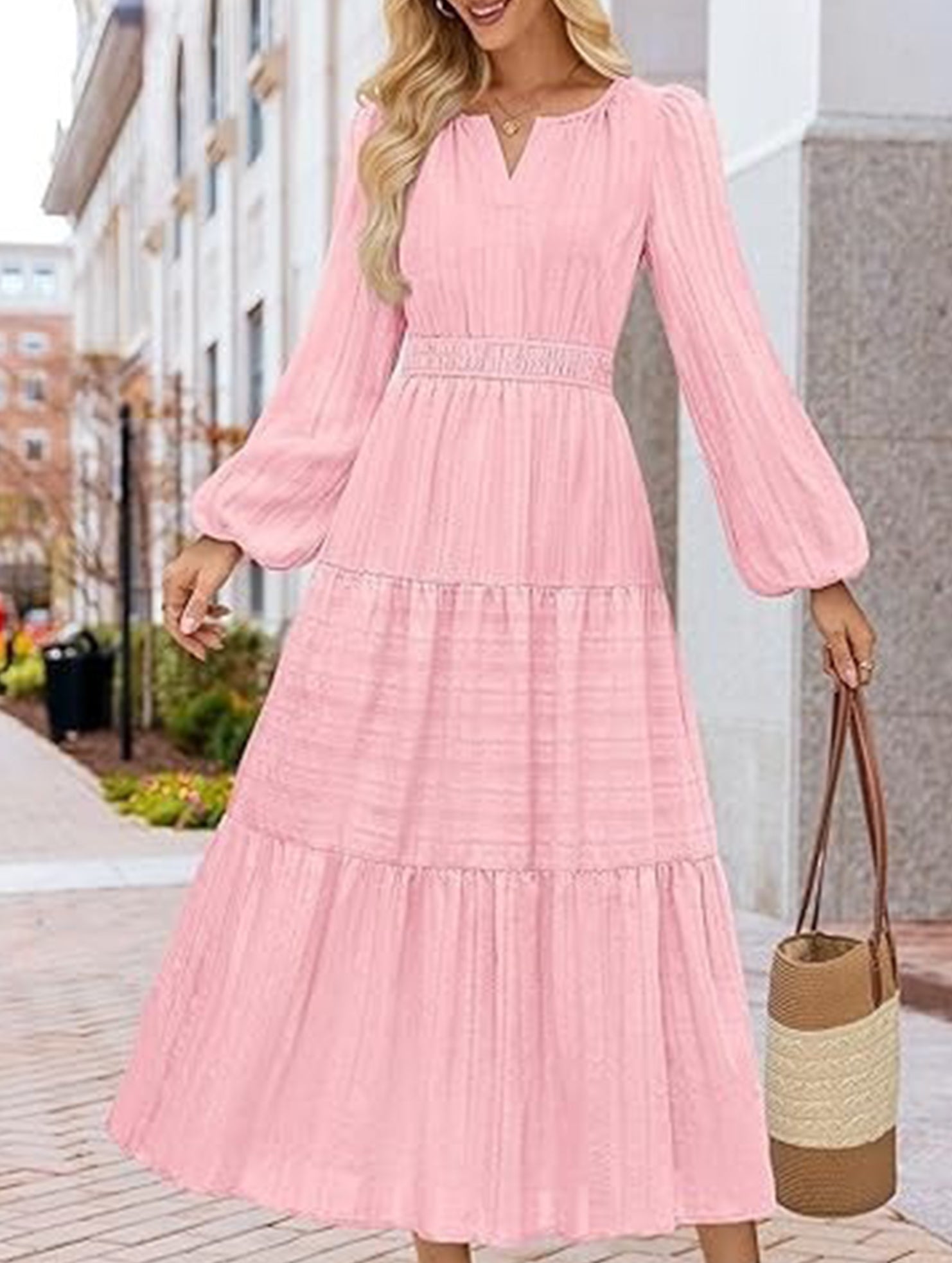 Anna-Berg | V Neck Tiered Puff Sleeve Dress