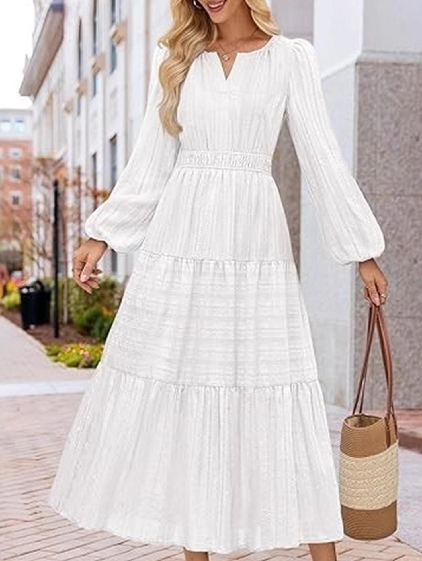 Anna-Berg | V Neck Tiered Puff Sleeve Dress