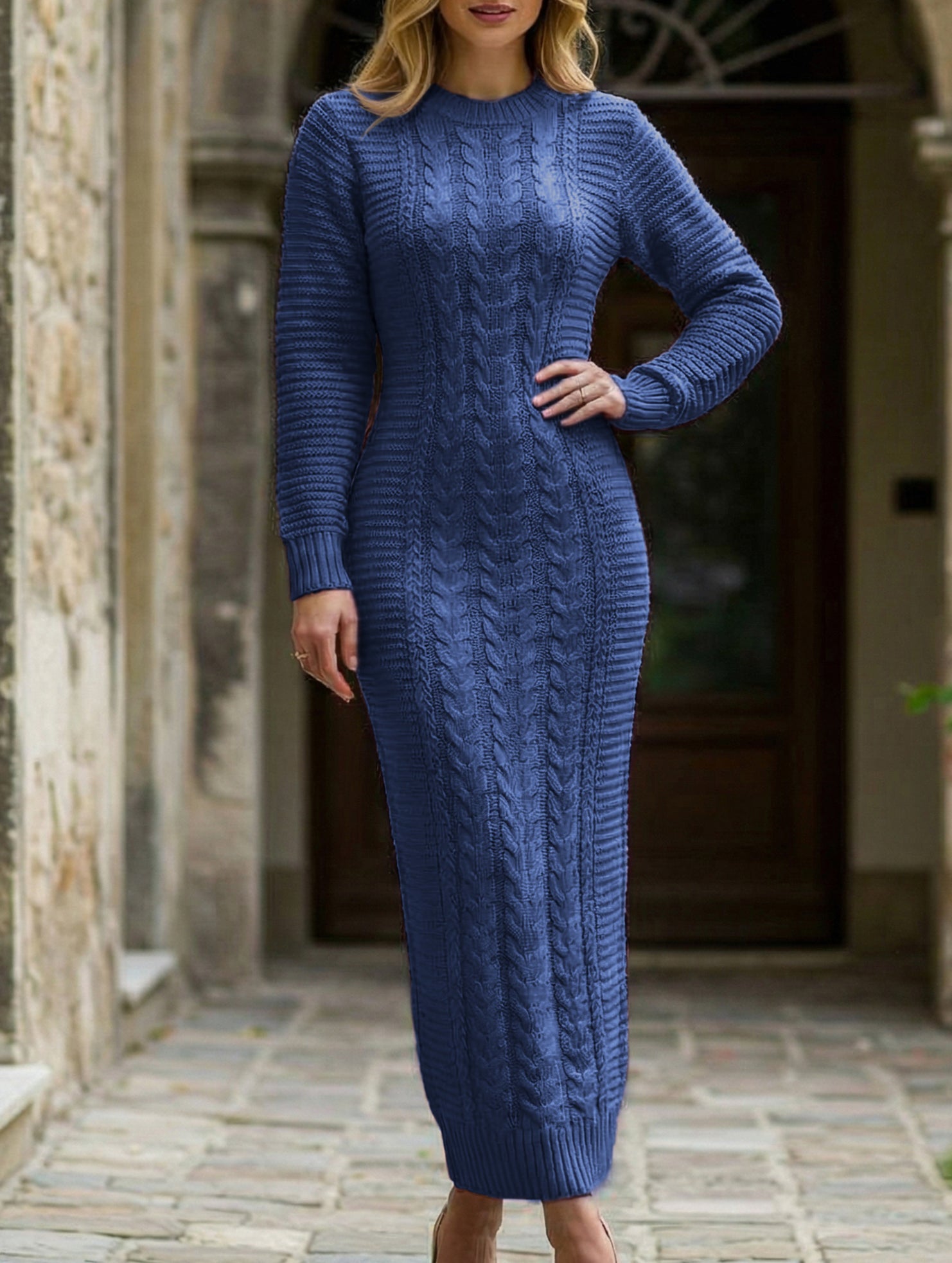 Anna-Berg | Fashionable Cable Knit Long-Sleeved Wool Dress