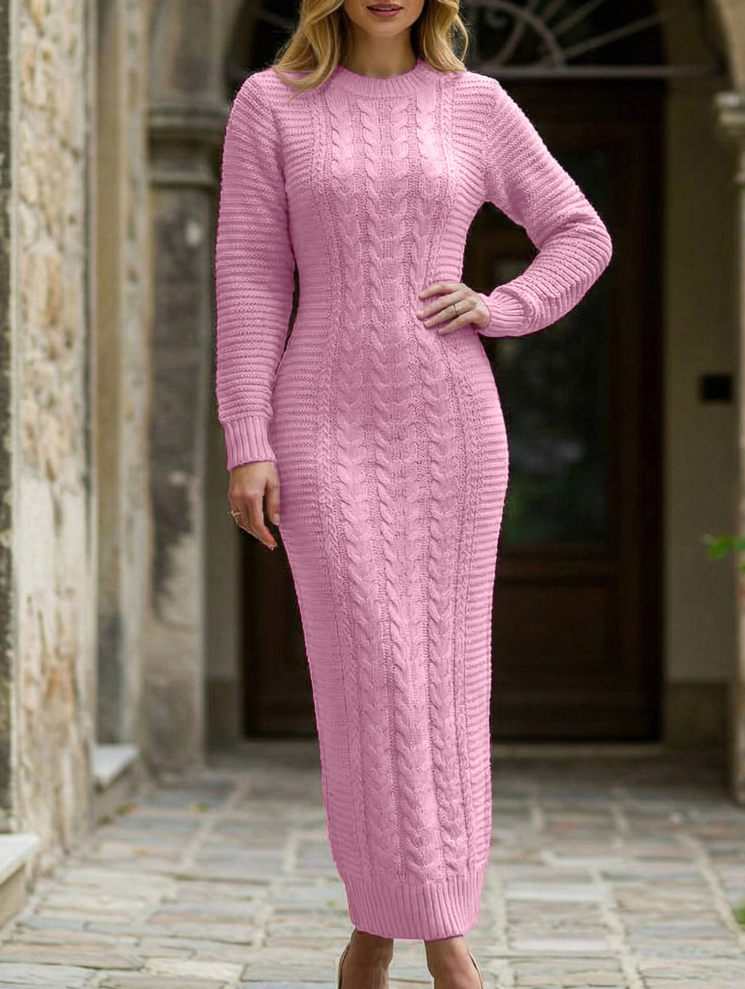 Anna-Berg | Fashionable Cable Knit Long-Sleeved Wool Dress
