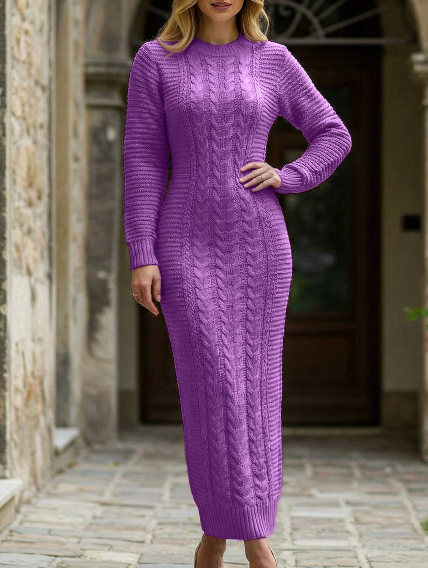 Anna-Berg | Fashionable Cable Knit Long-Sleeved Wool Dress