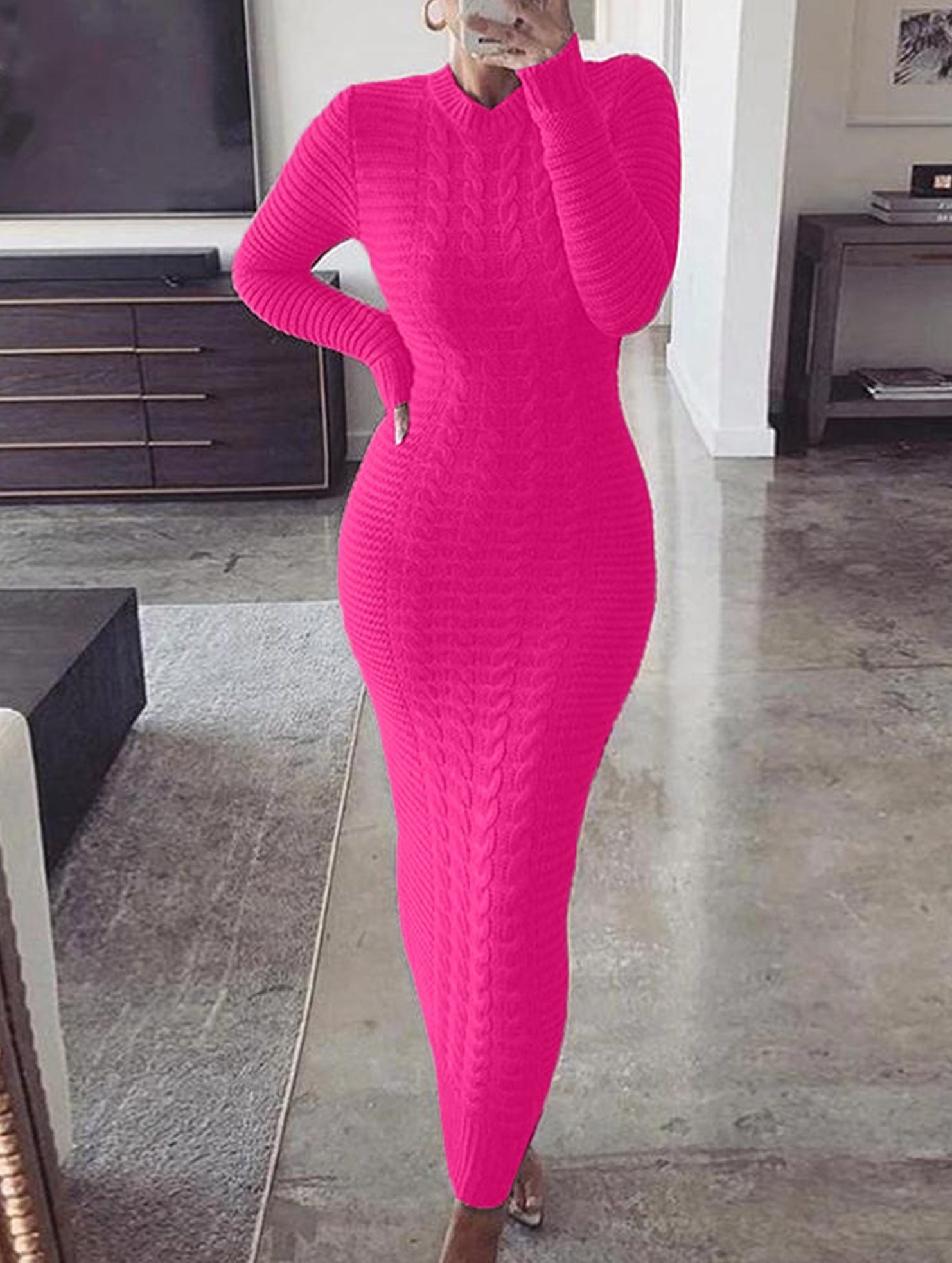 Anna-Berg | Fashionable Cable Knit Long-Sleeved Wool Dress