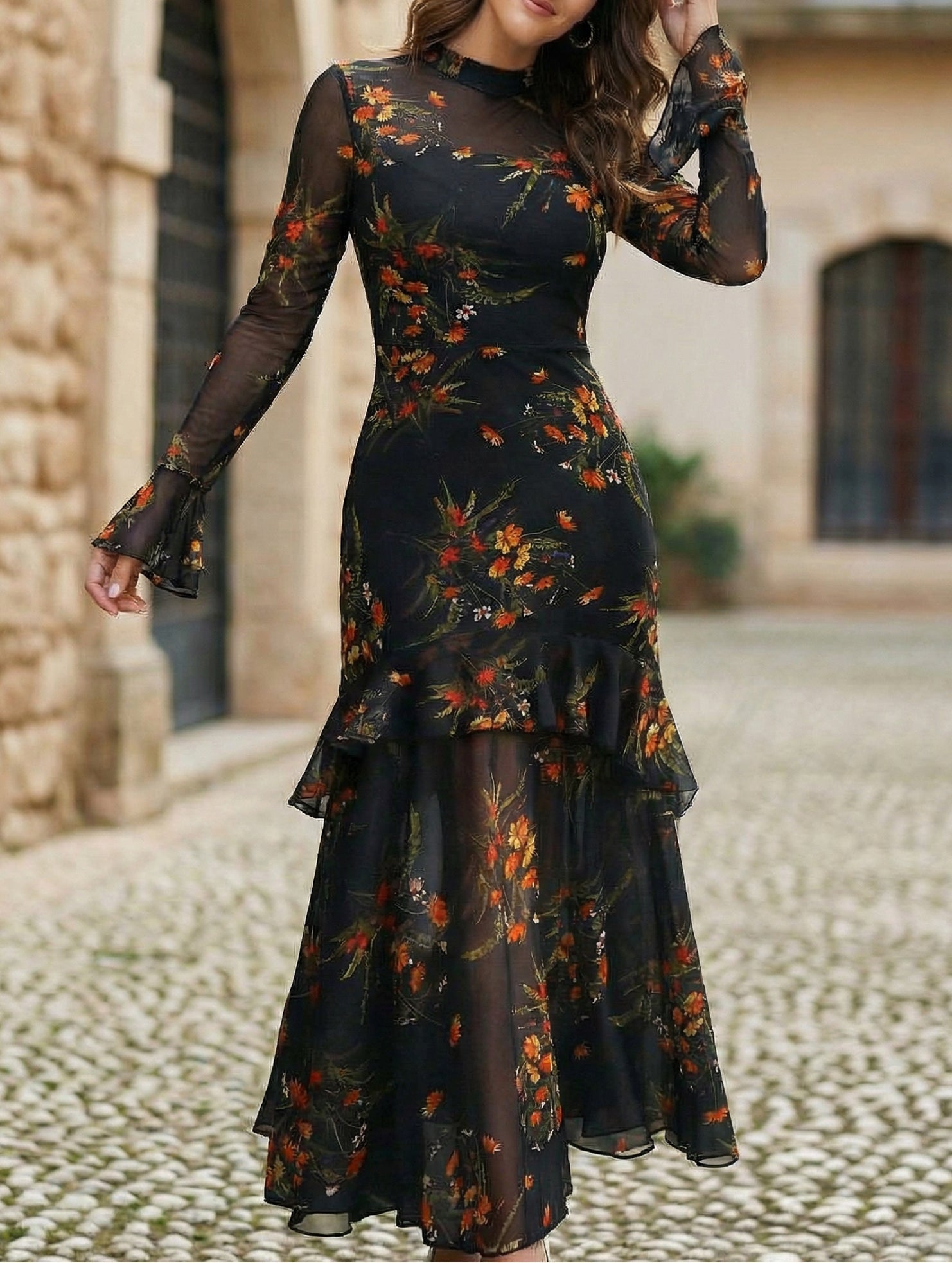 Anna-Berg | Lotus Leaf Sleeve And Floral Dress
