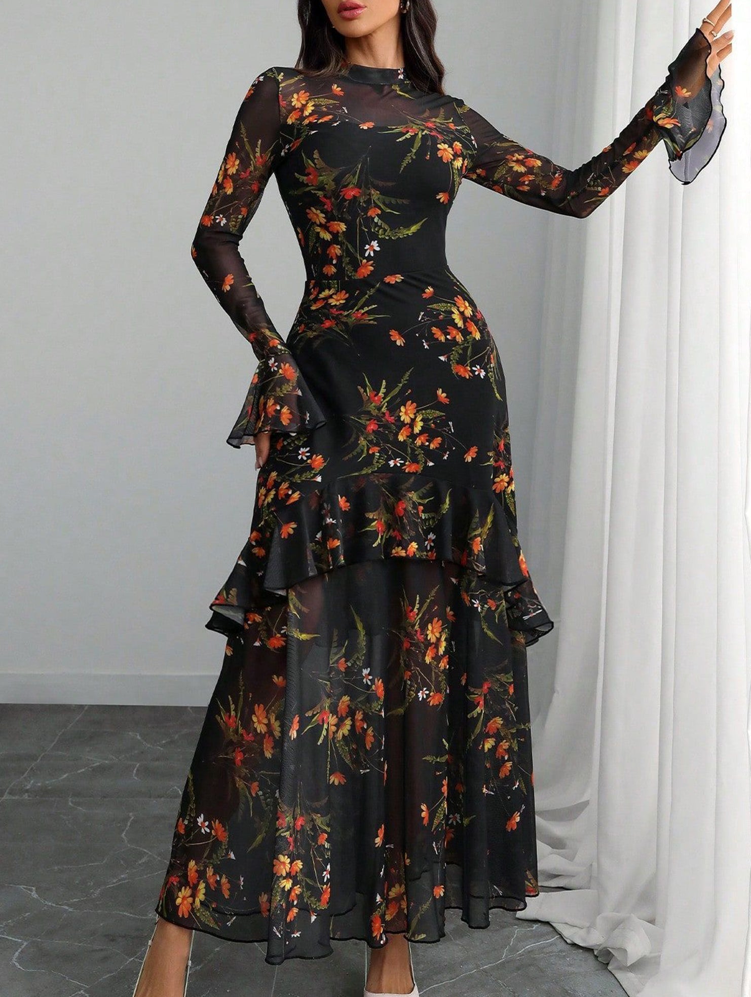Anna-Berg | Lotus Leaf Sleeve And Floral Dress