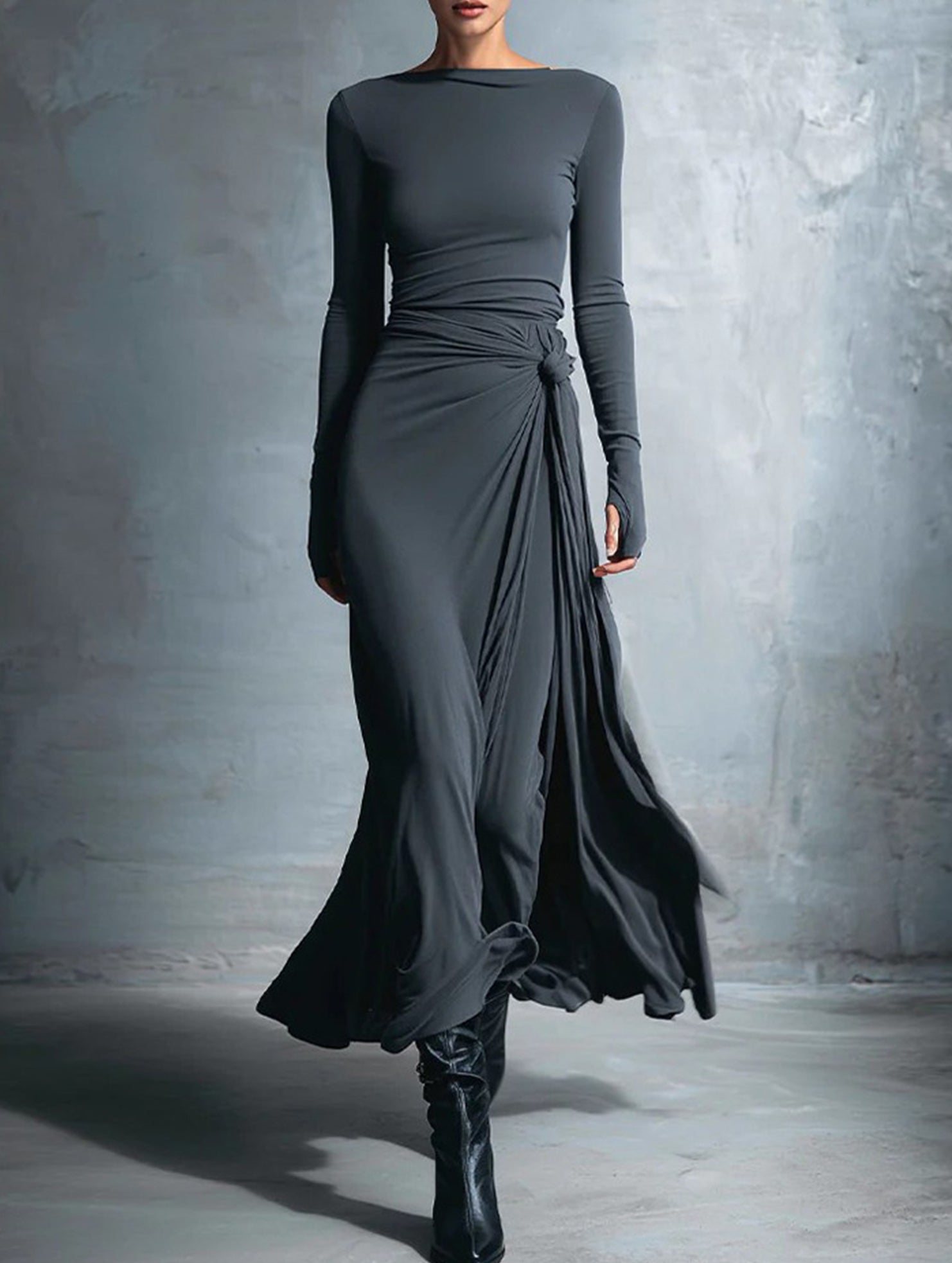 Anna-Berg | Solid Wrap Style Knot Long Dress