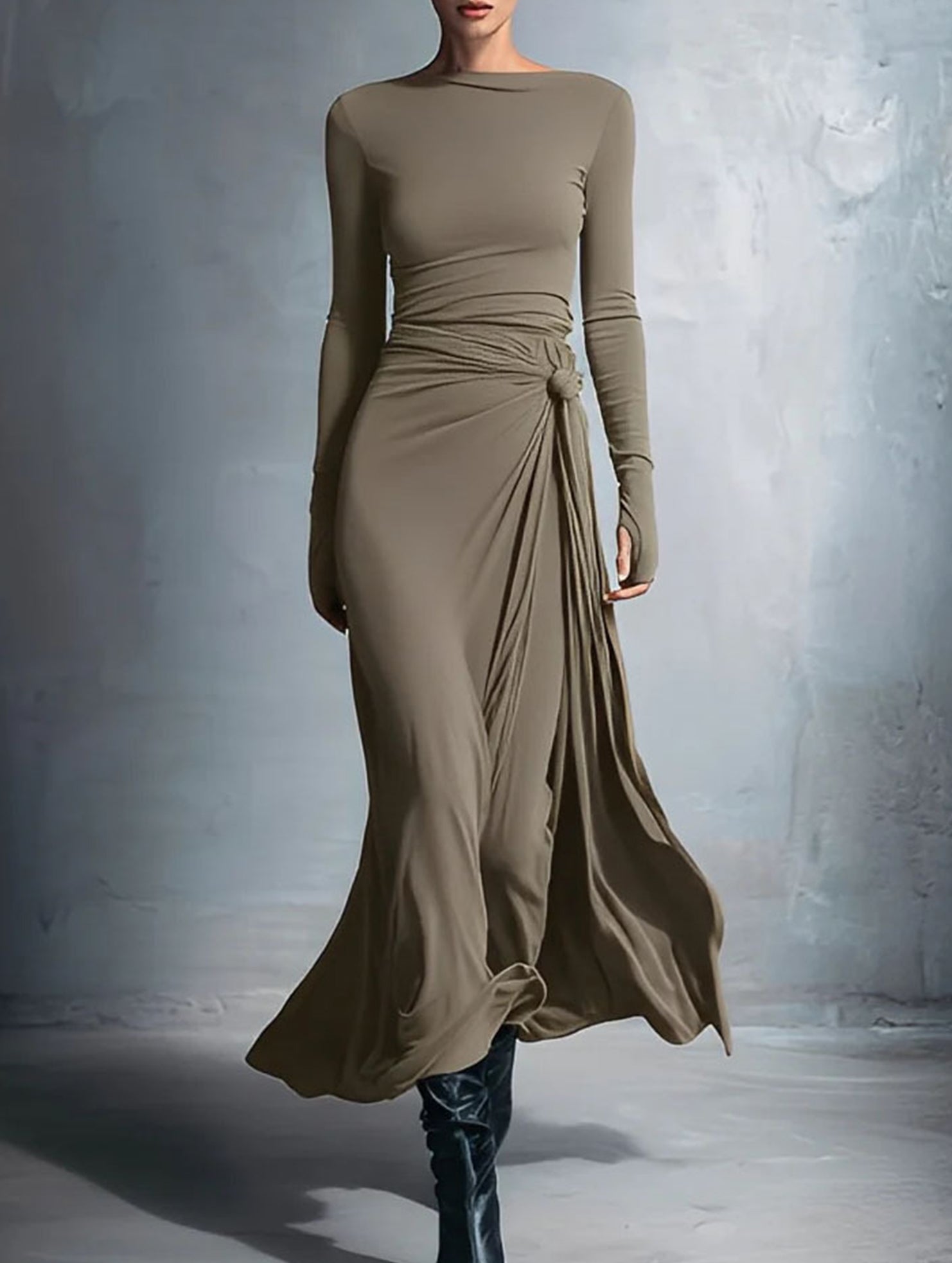 Anna-Berg | Solid Wrap Style Knot Long Dress