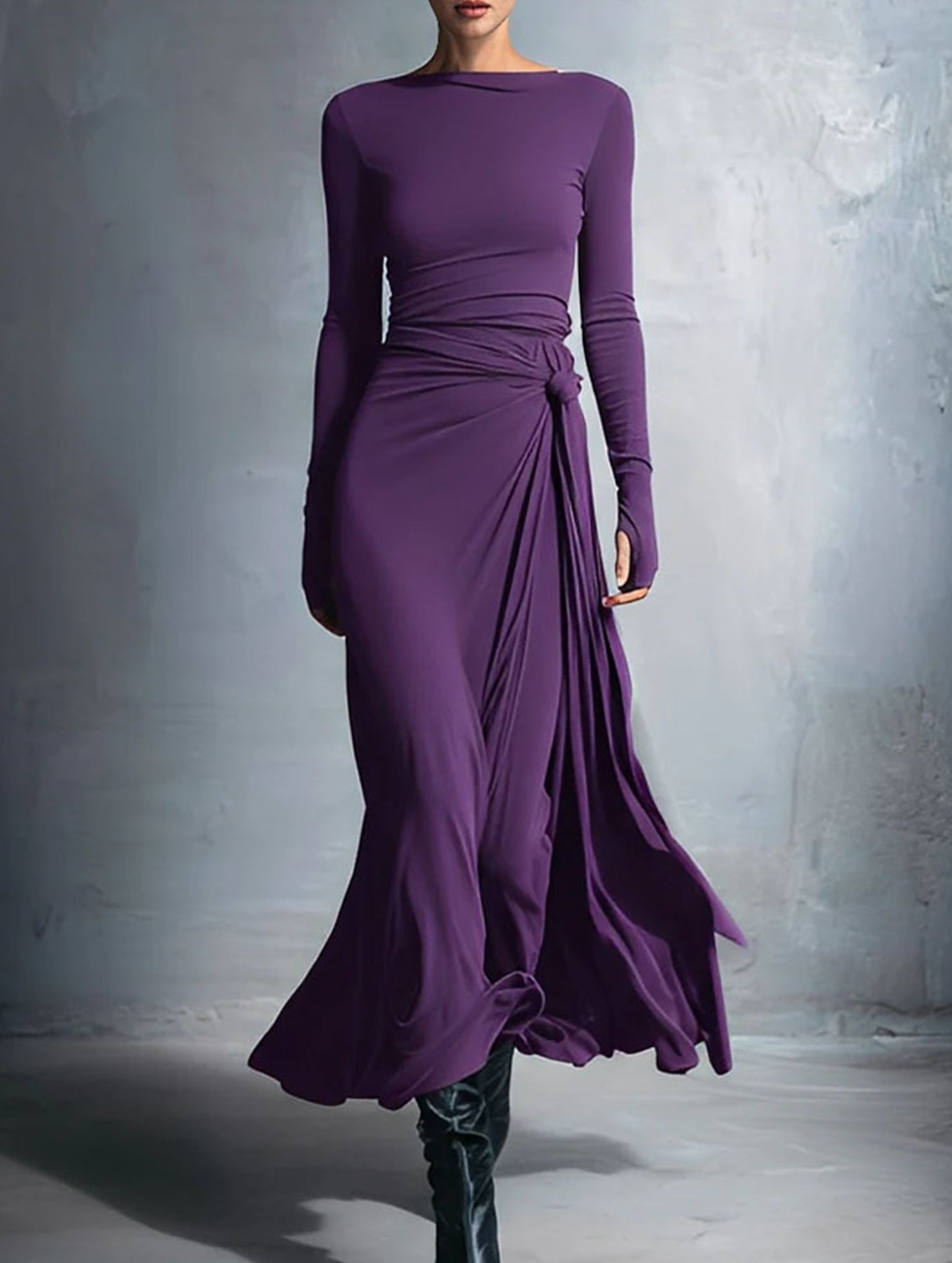 Anna-Berg | Solid Wrap Style Knot Long Dress