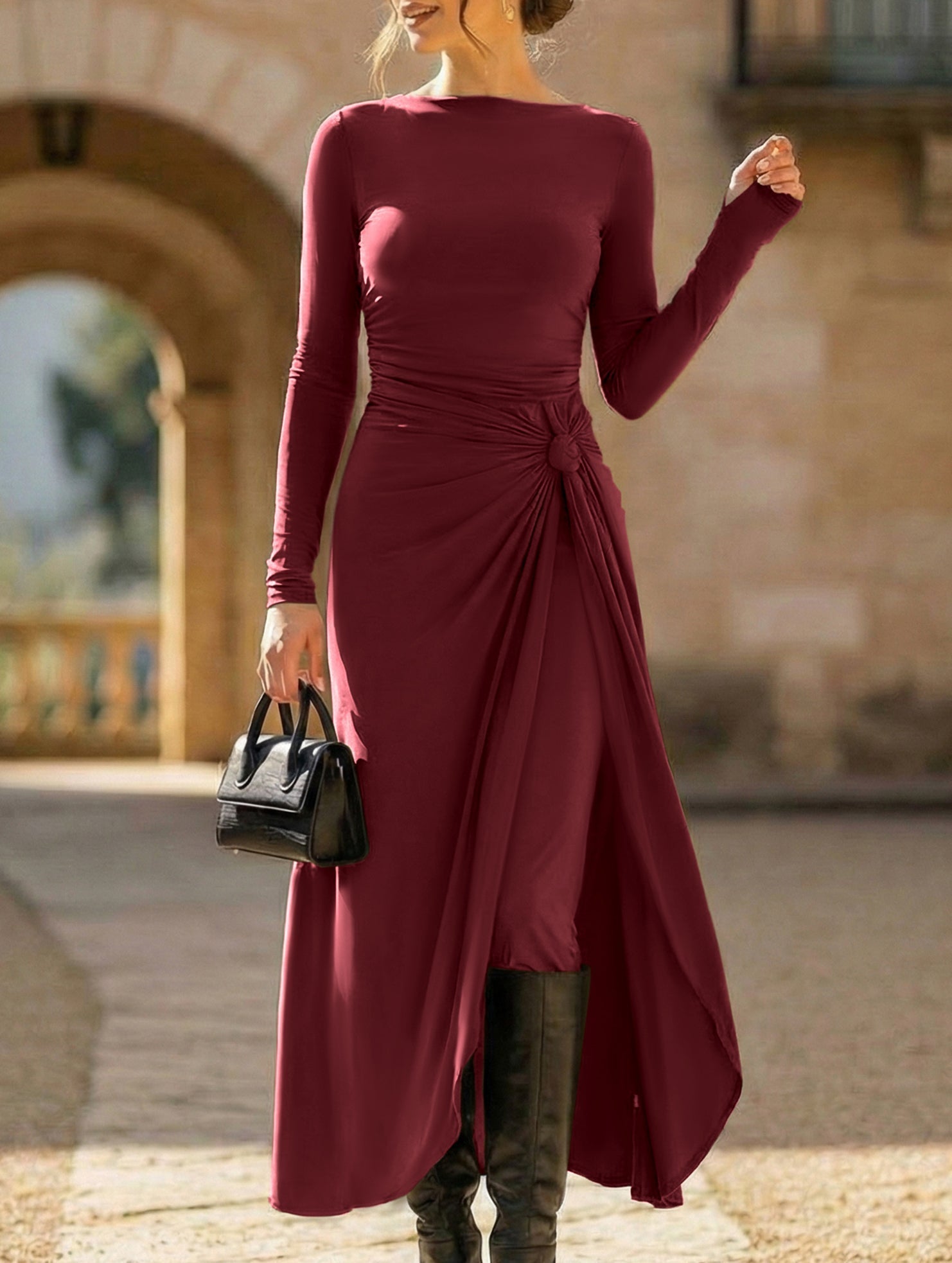 Anna-Berg | Solid Wrap Style Knot Long Dress