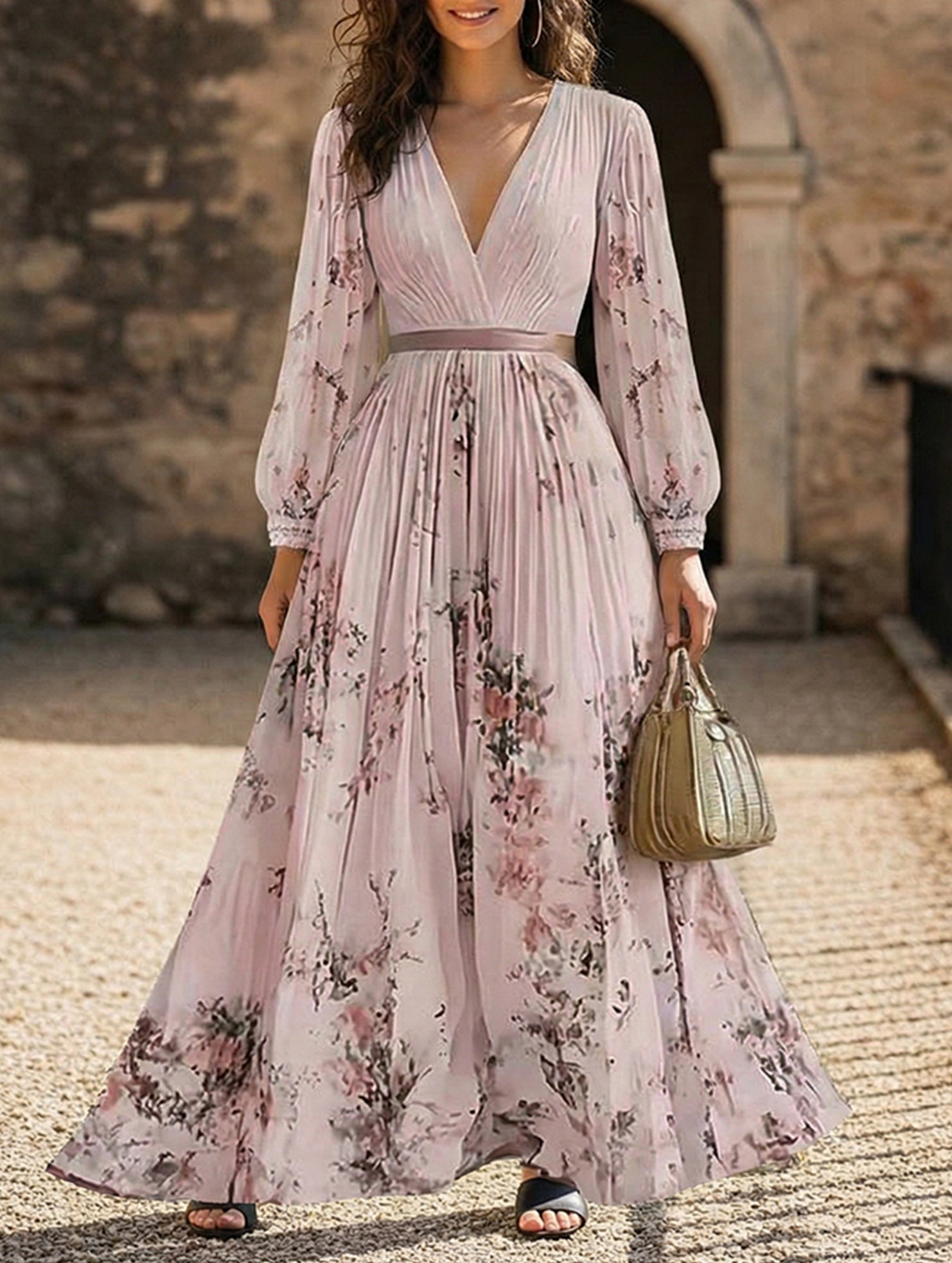 Anna-Berg | V Neck Pleated Printed Slim Dress