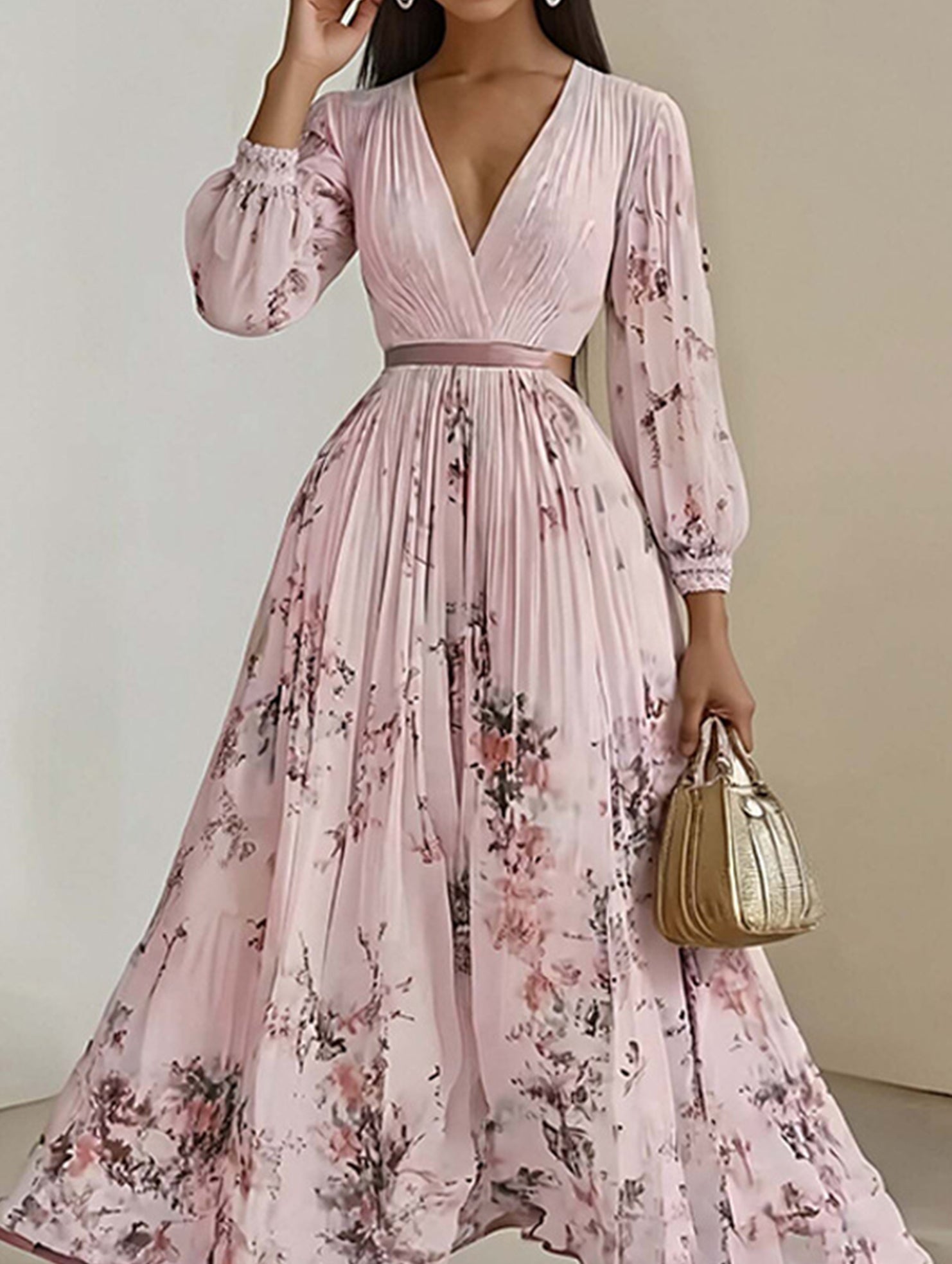 Anna-Berg | V Neck Pleated Printed Slim Dress