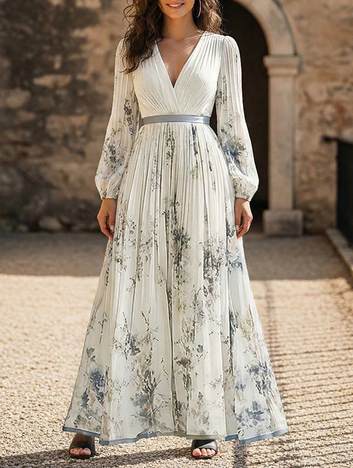 Anna-Berg | V Neck Pleated Printed Slim Dress