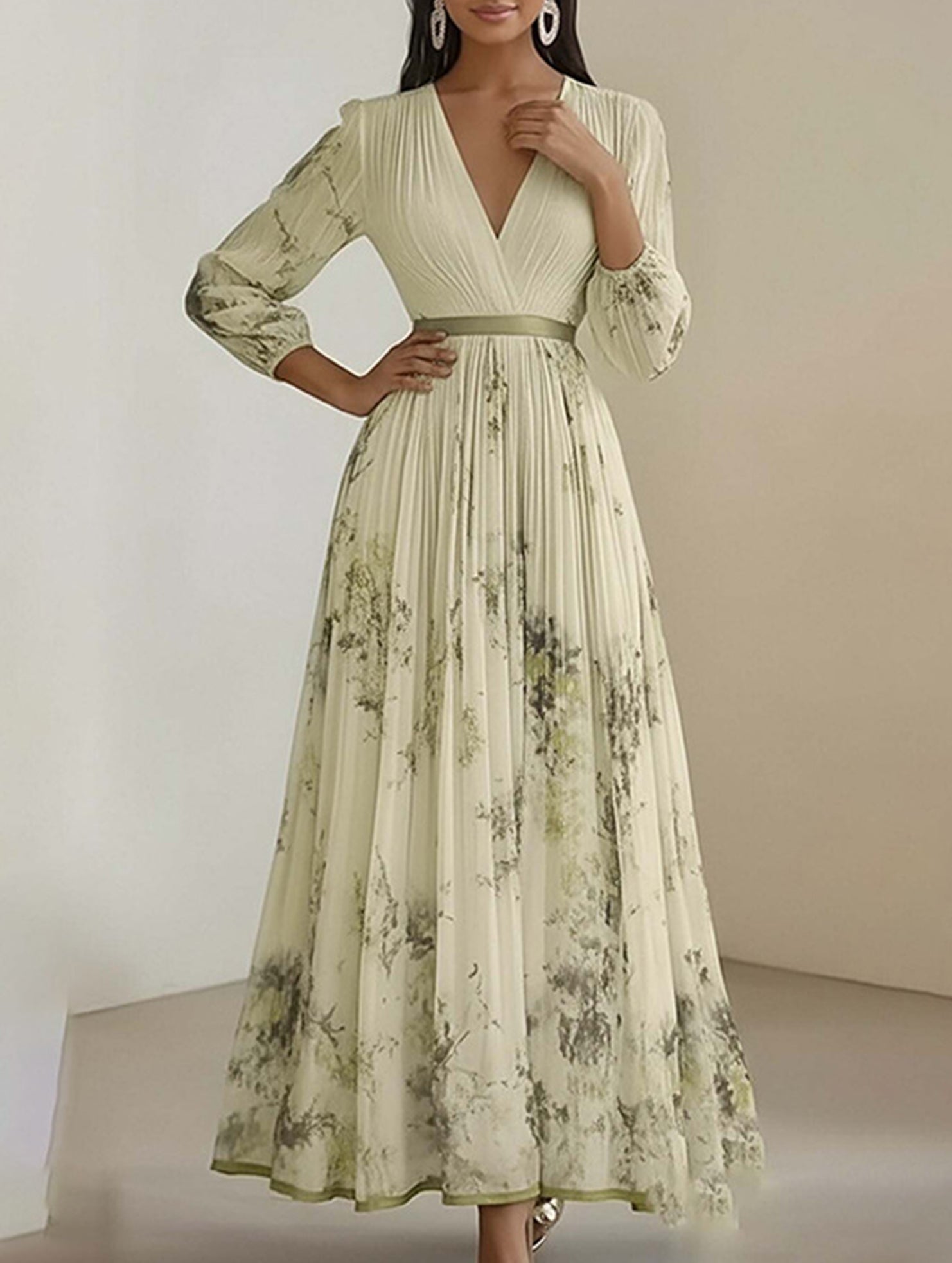 Anna-Berg | V Neck Pleated Printed Slim Dress