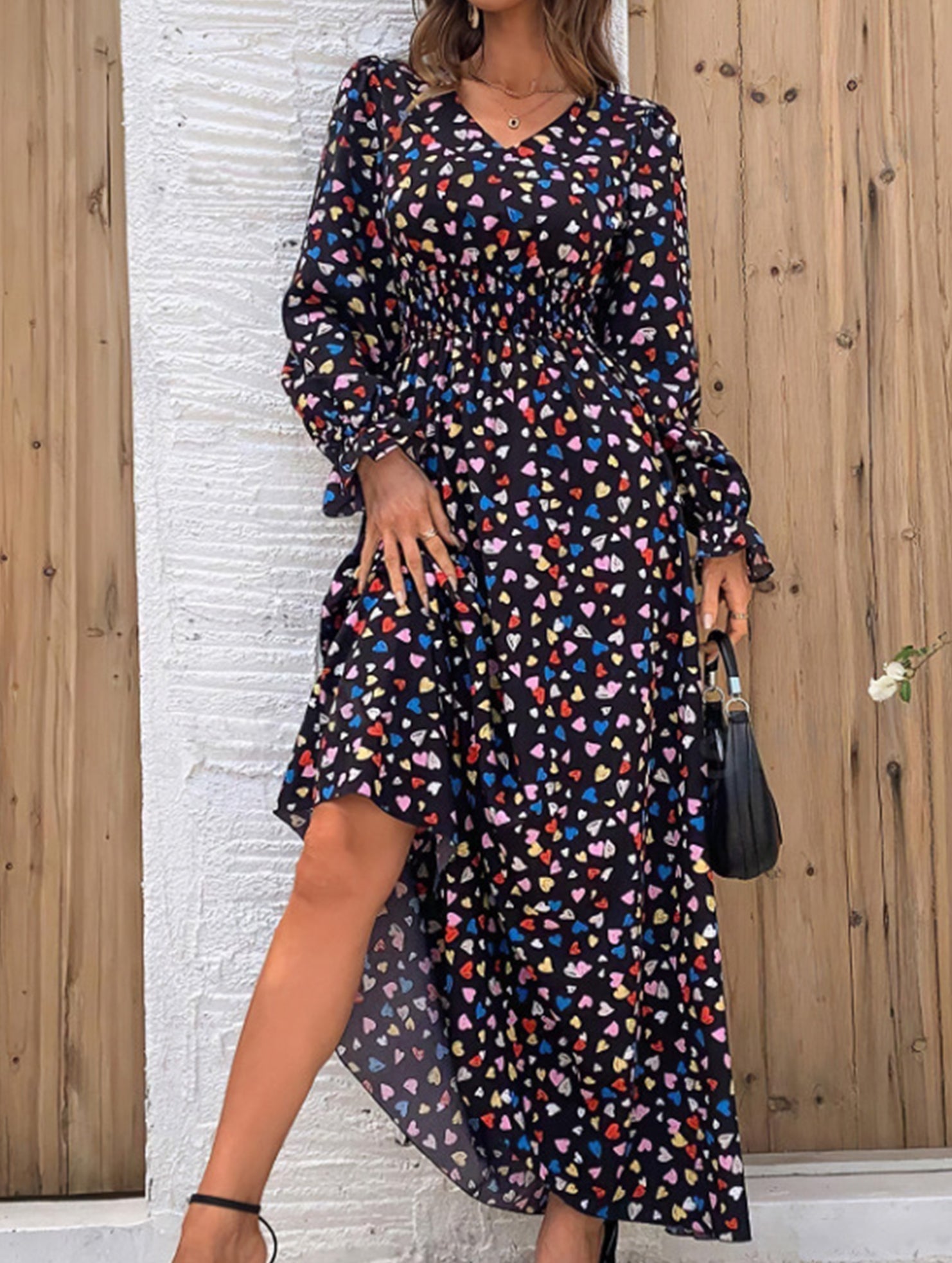 Anna-Berg | Printed V-Neck Full Skirt Dress