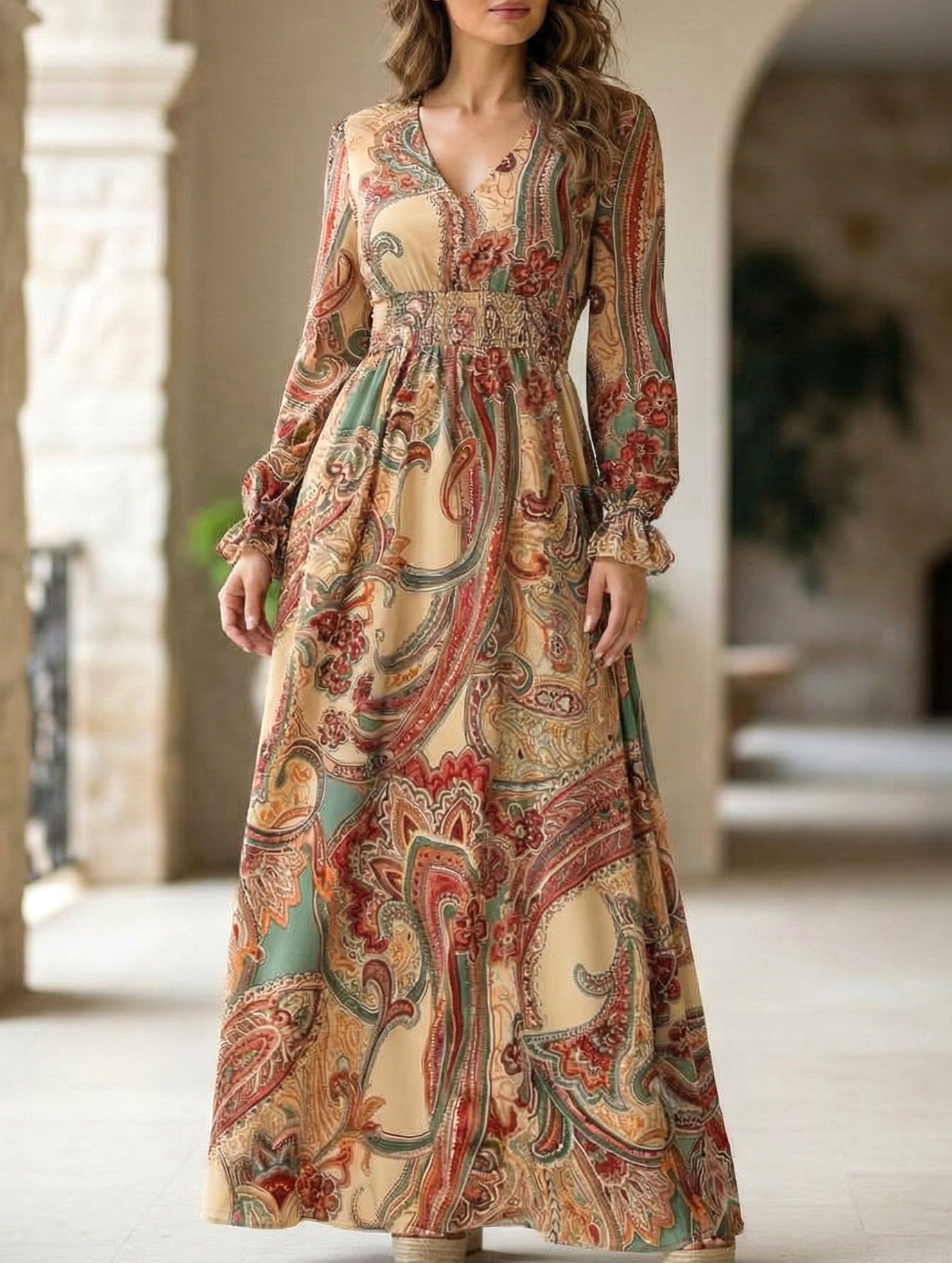 Anna-Berg | Printed V-Neck Full Skirt Dress