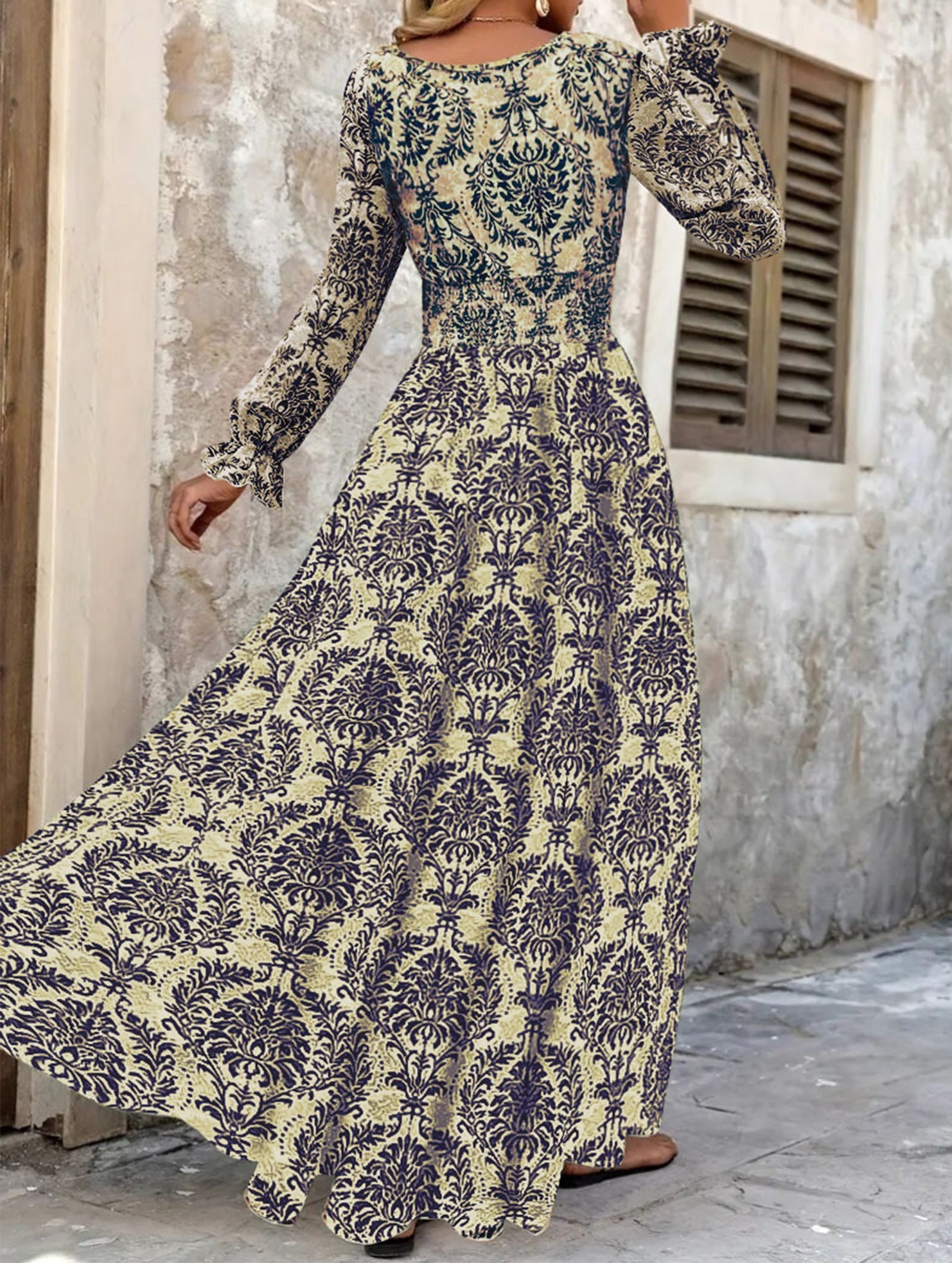 Anna-Berg | Vintage Print V Neck Long Dress