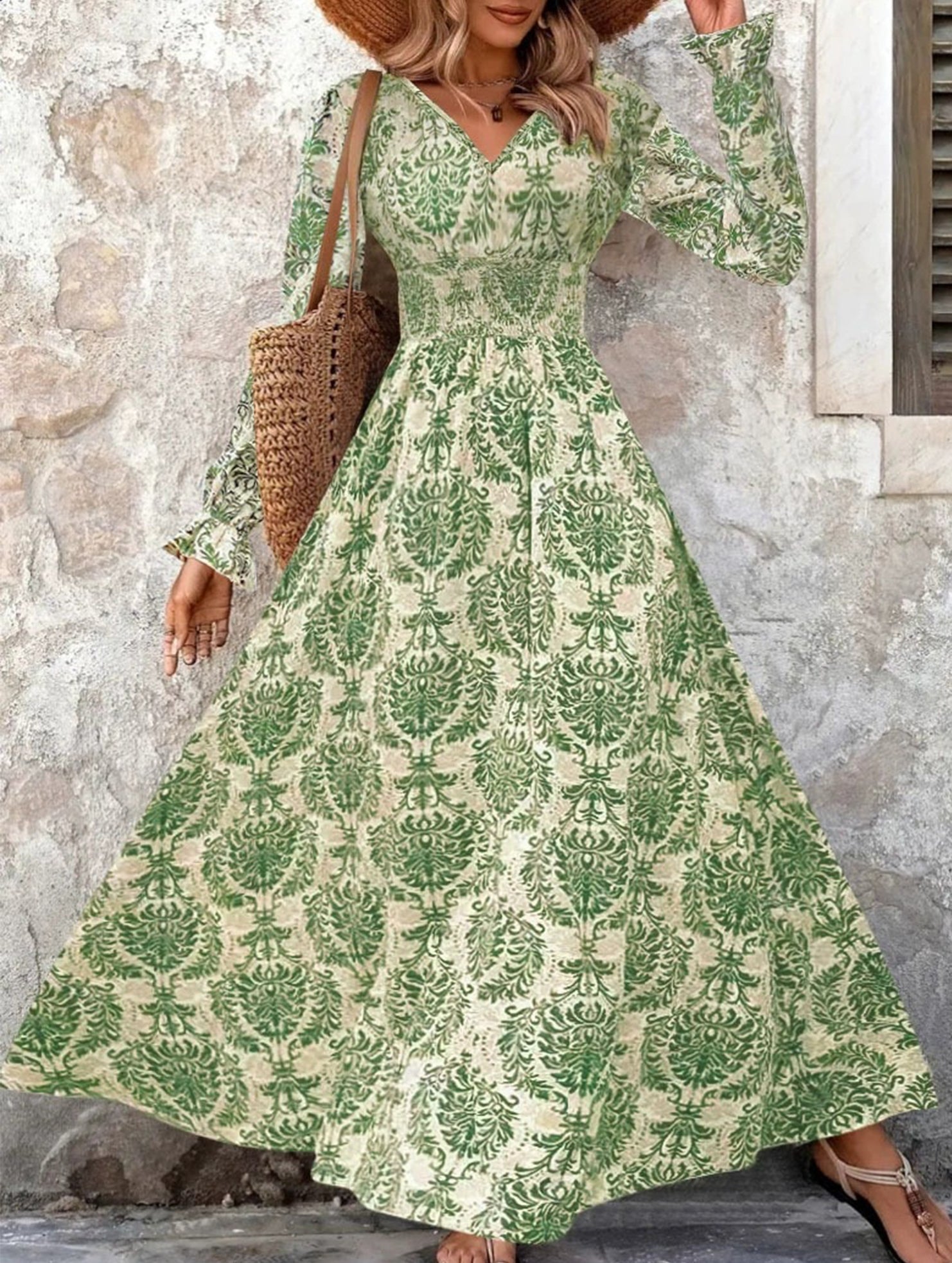 Anna-Berg | Vintage Print V Neck Long Dress