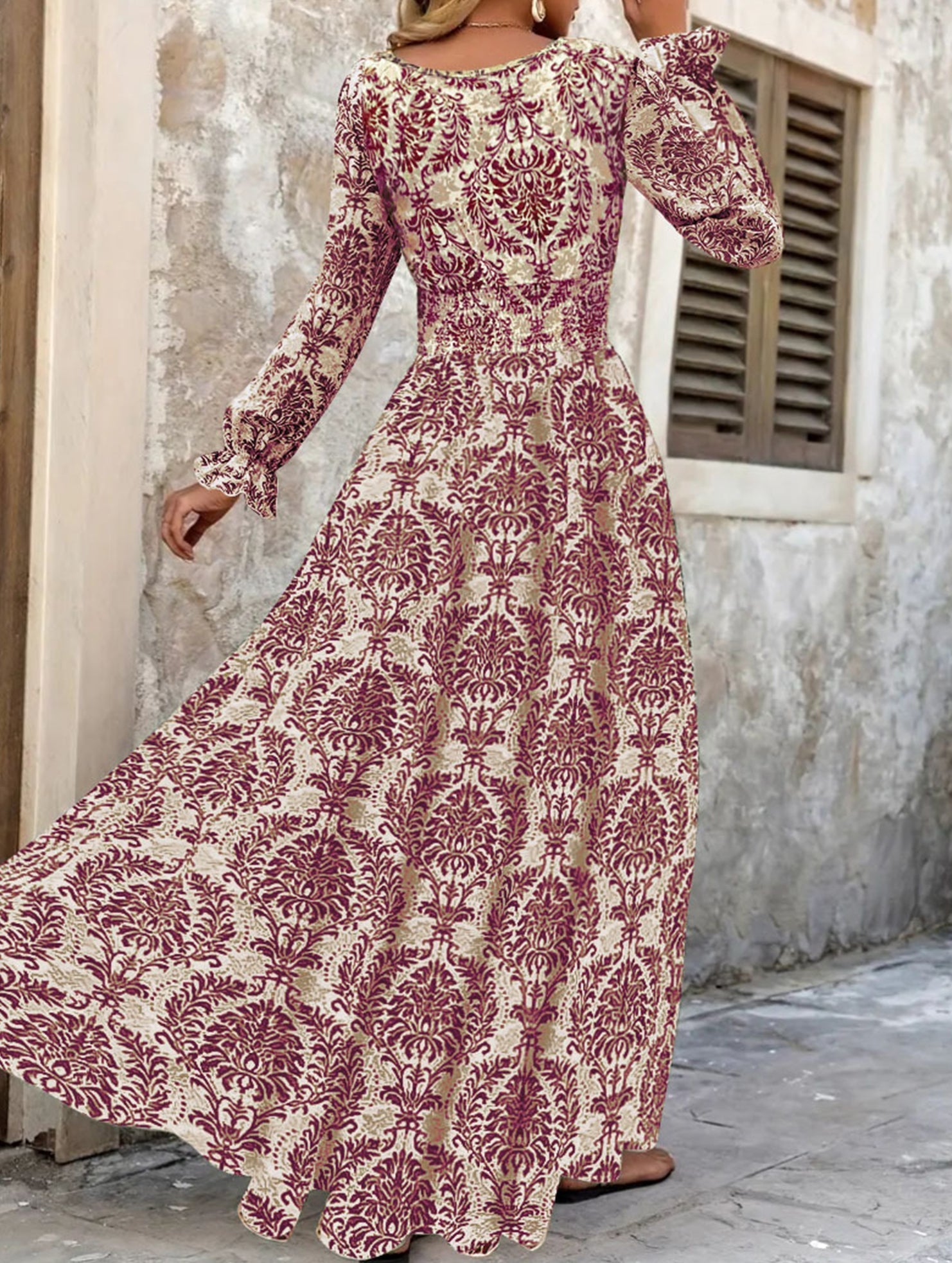 Anna-Berg | Vintage Print V Neck Long Dress