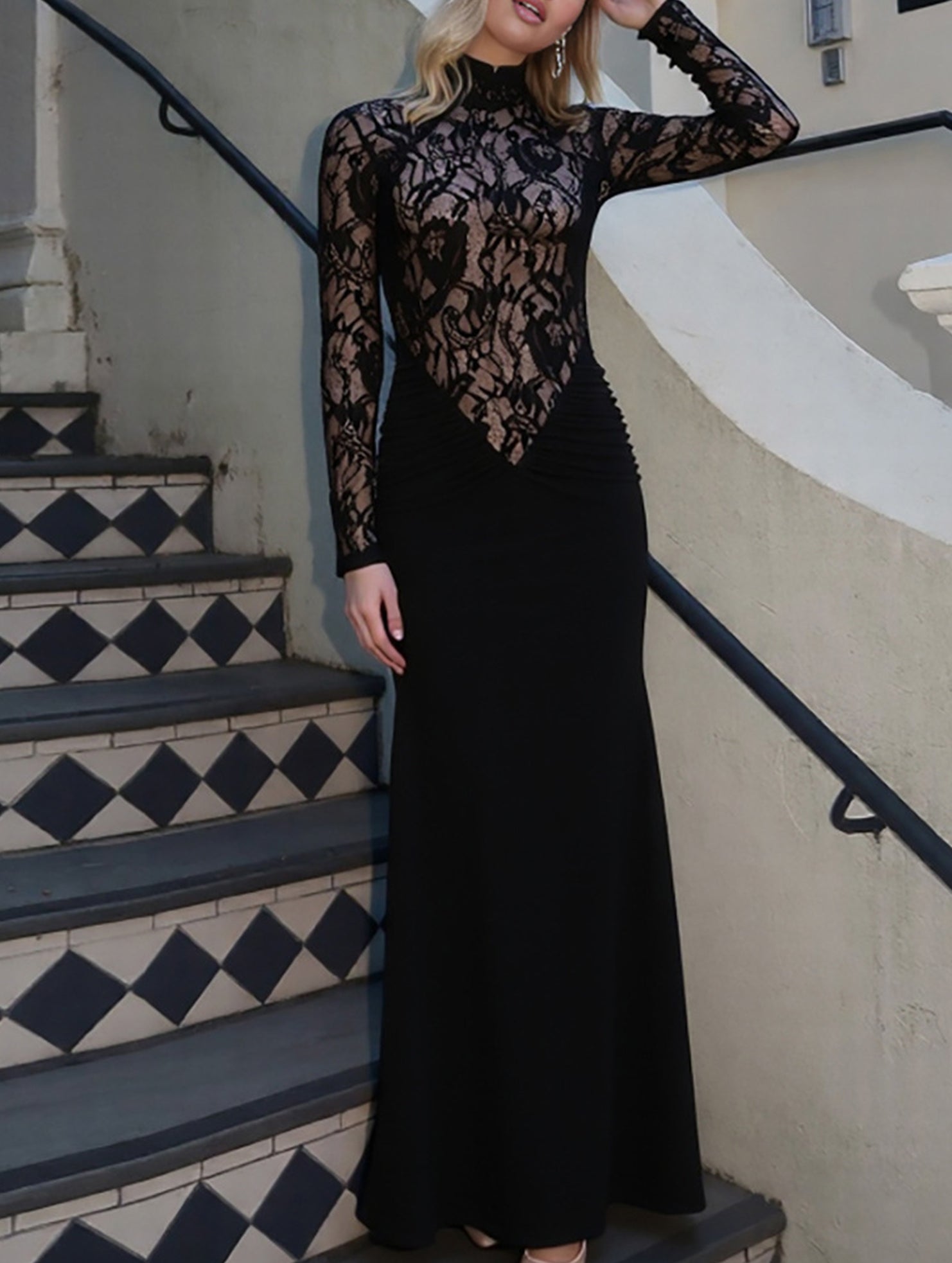 Anna-Berg | Lace Hollow Mock Neck Bodycon Dress