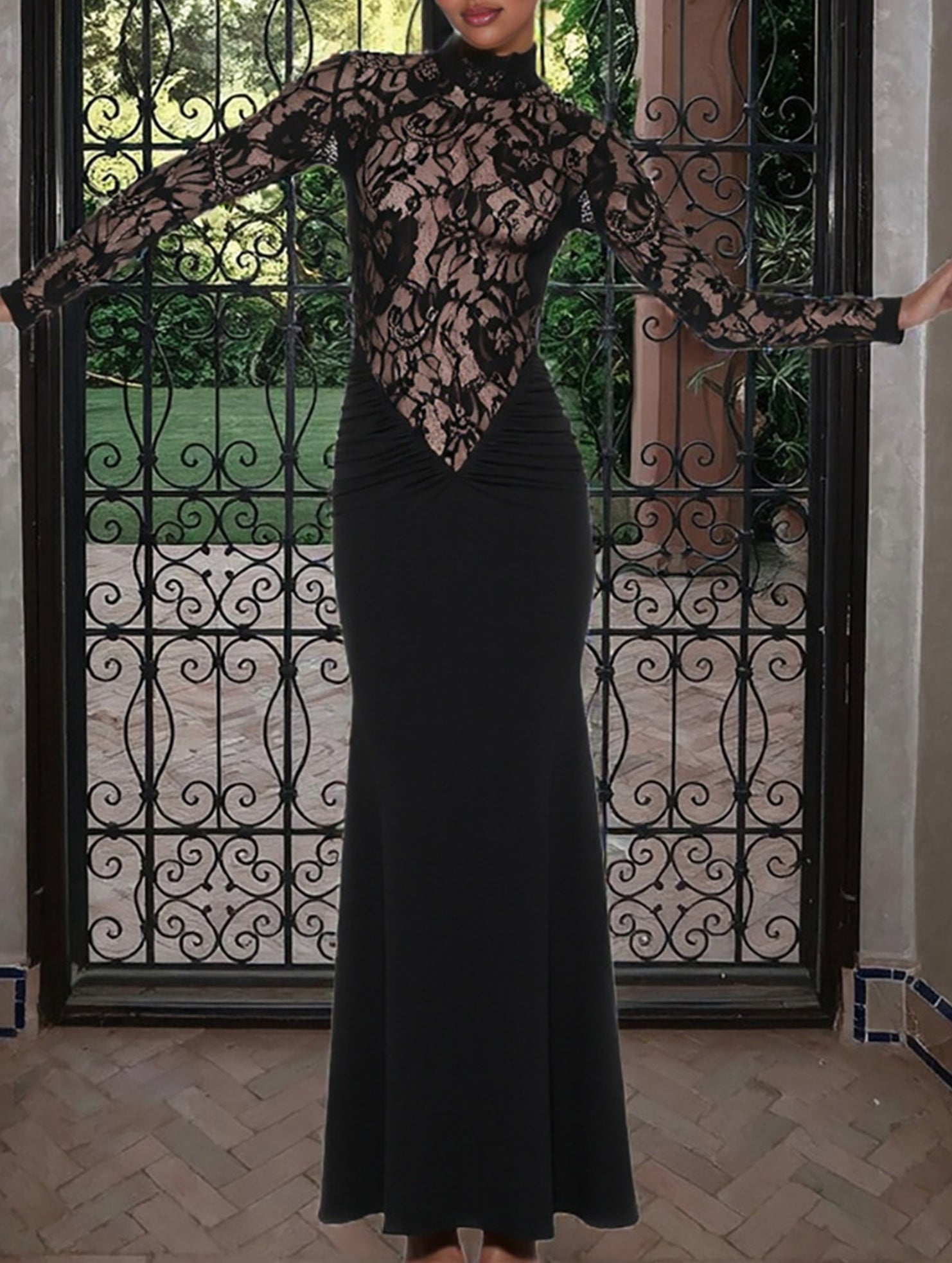 Anna-Berg | Lace Hollow Mock Neck Bodycon Dress
