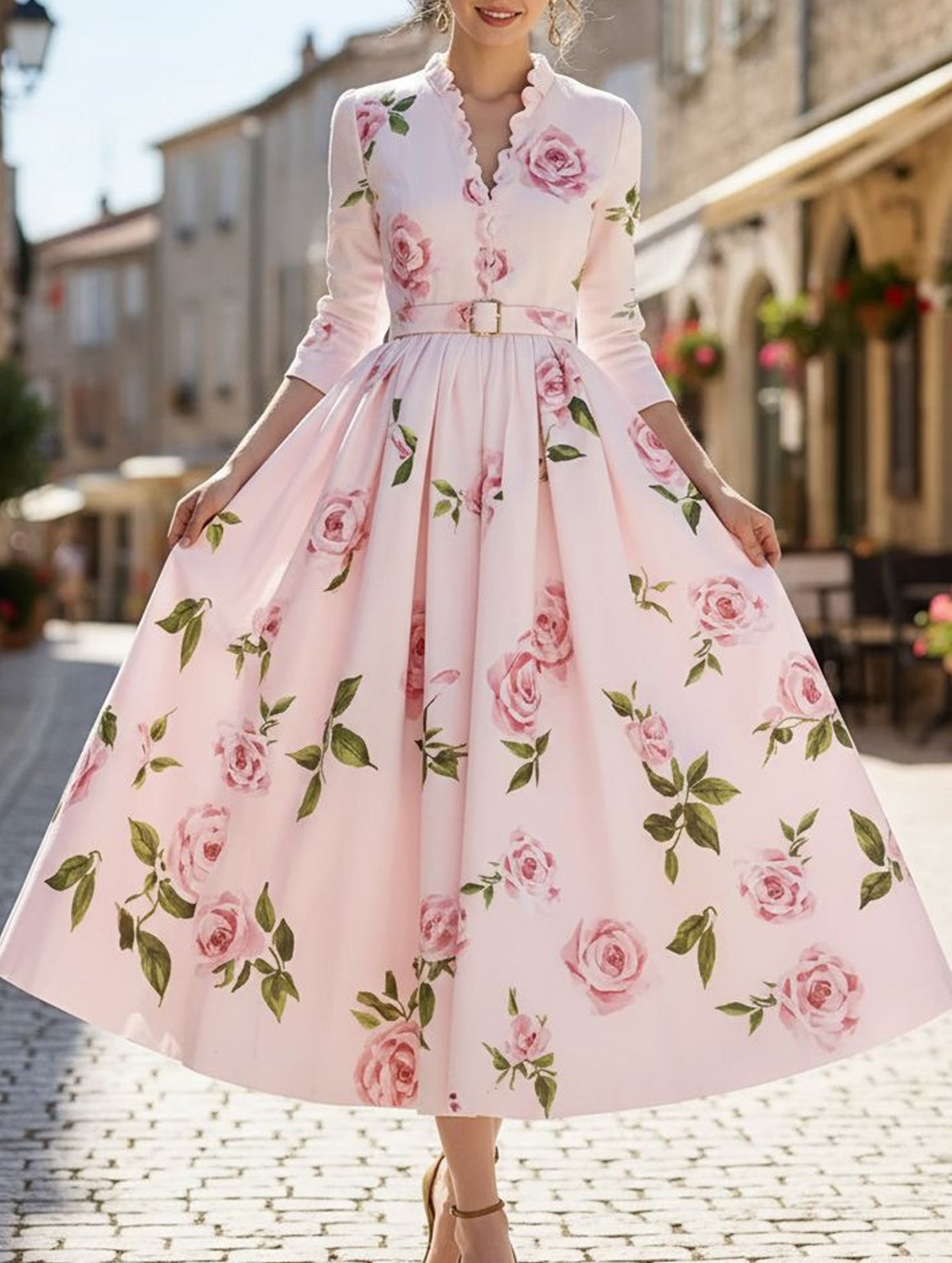 Anna-Berg | Print V Neck Waist A-Line Dress