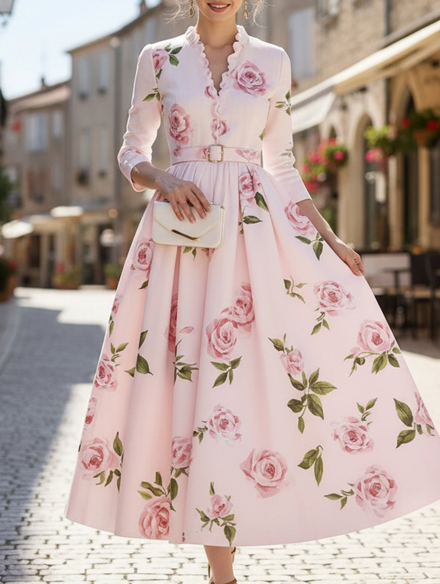 Anna-Berg | Print V Neck Waist A-Line Dress