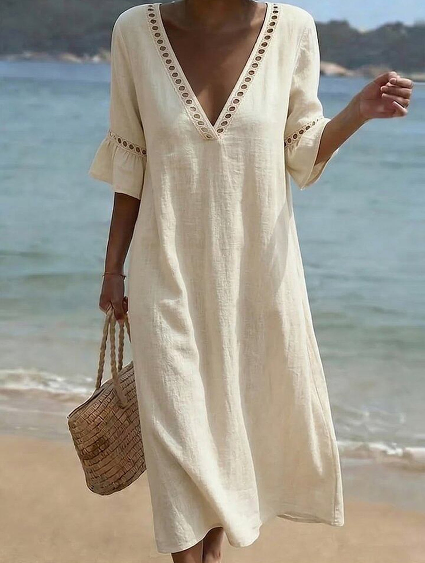 Anna-Berg | Linen V Neck Loose Dress