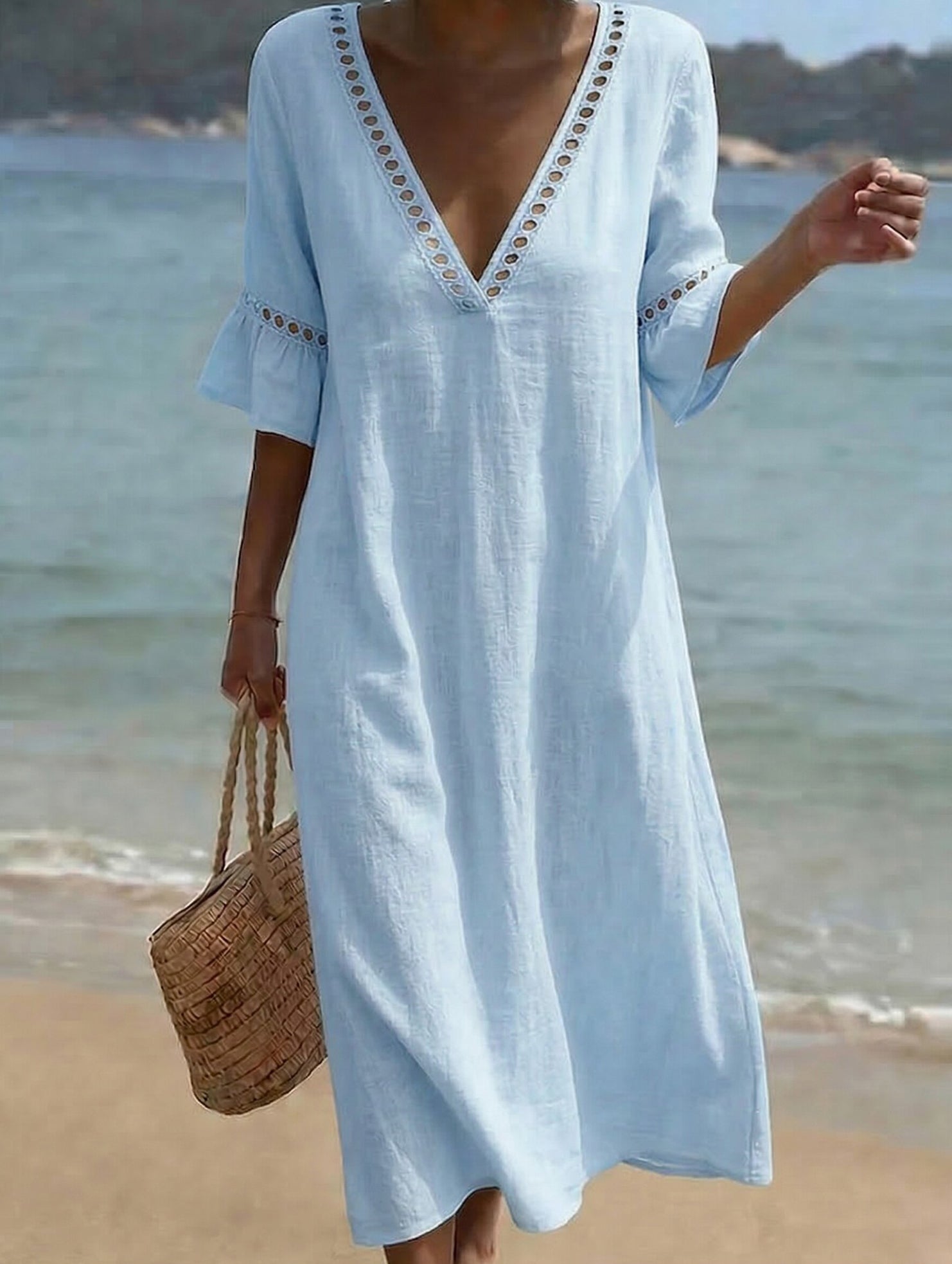 Anna-Berg | Linen V Neck Loose Dress