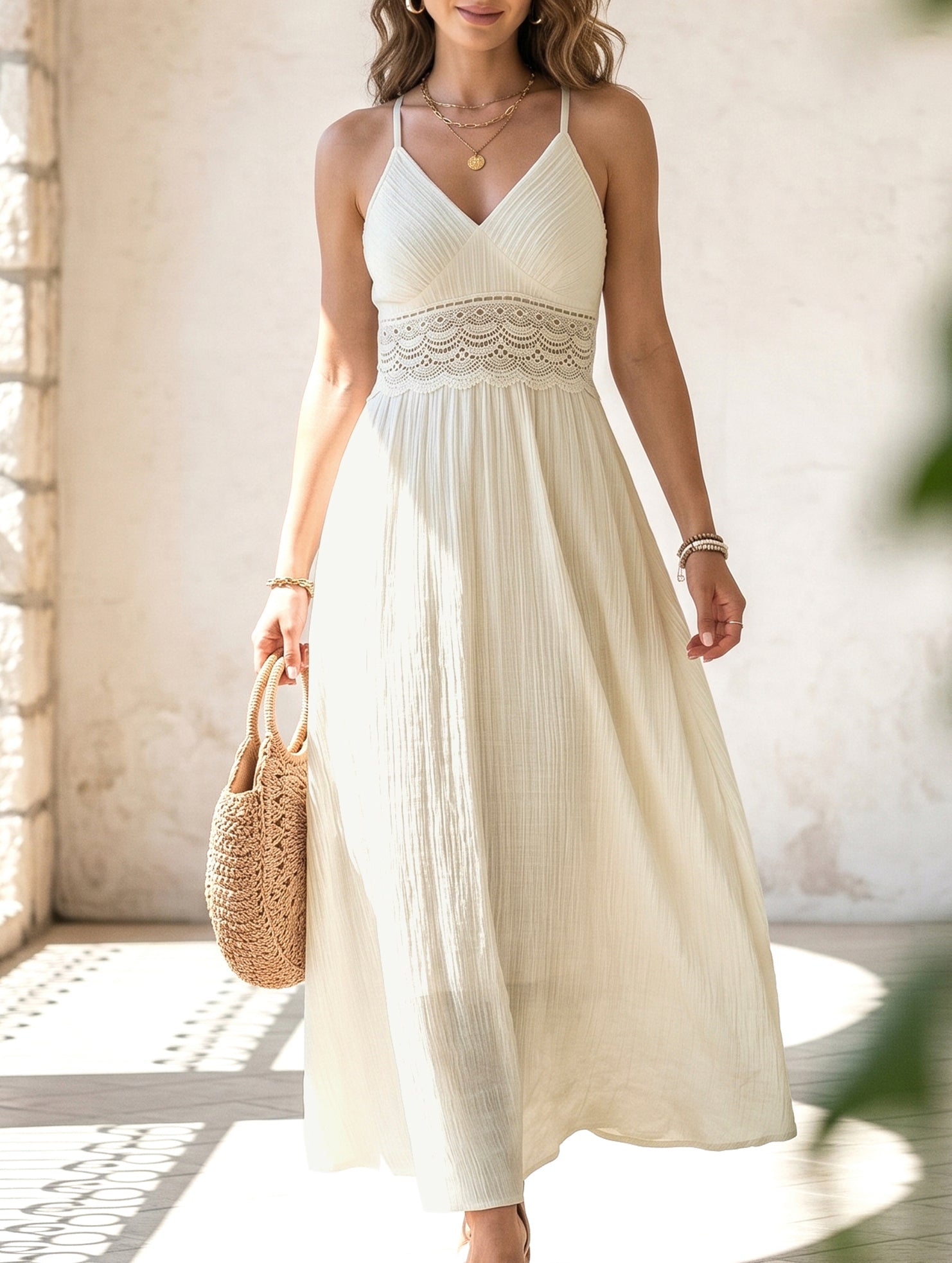 Anna-Berg | Halter Lace Patch V Neck Dress