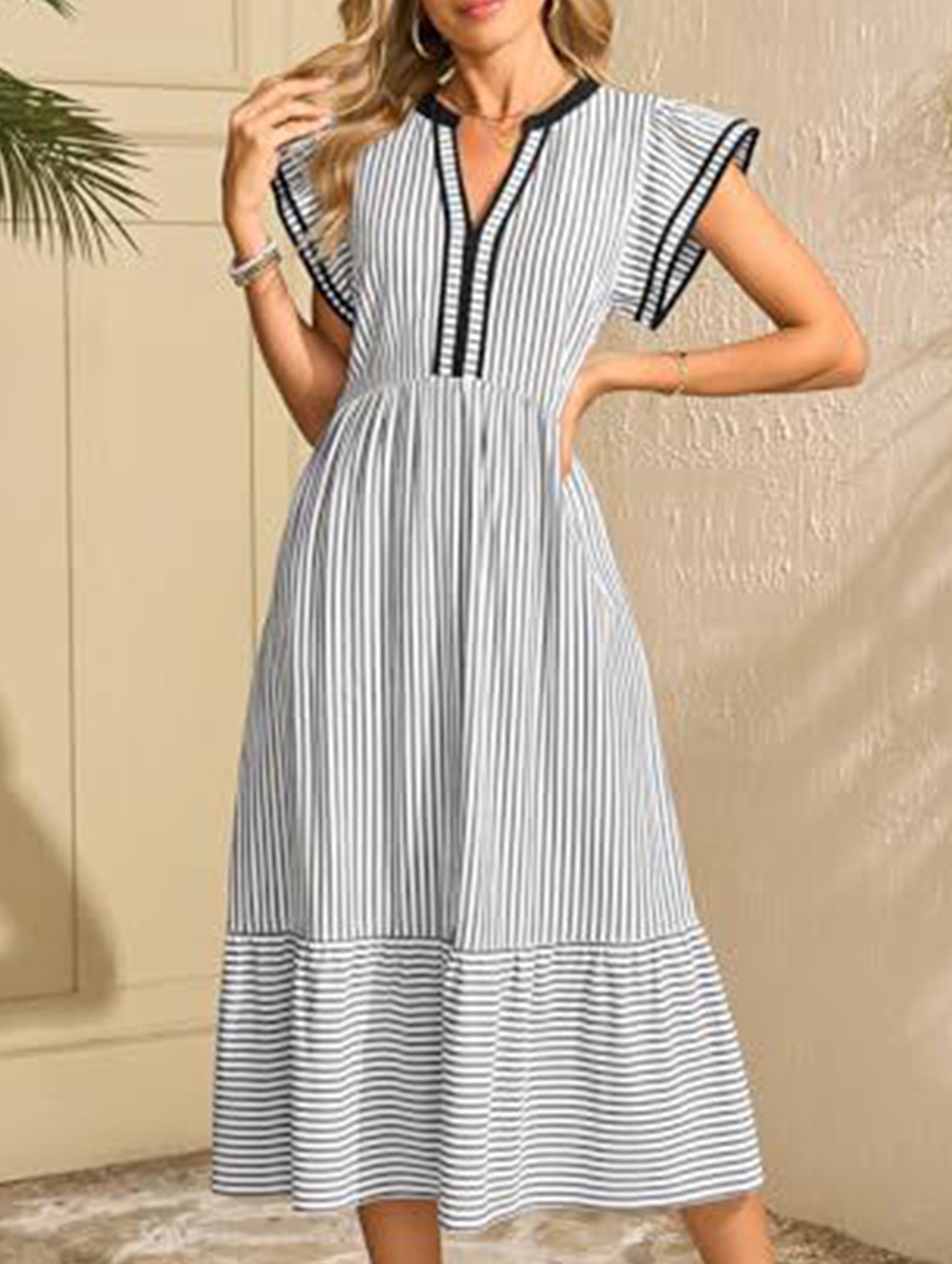 Anna-Berg | Colorblock Stripe Flutter Sleeve Dress