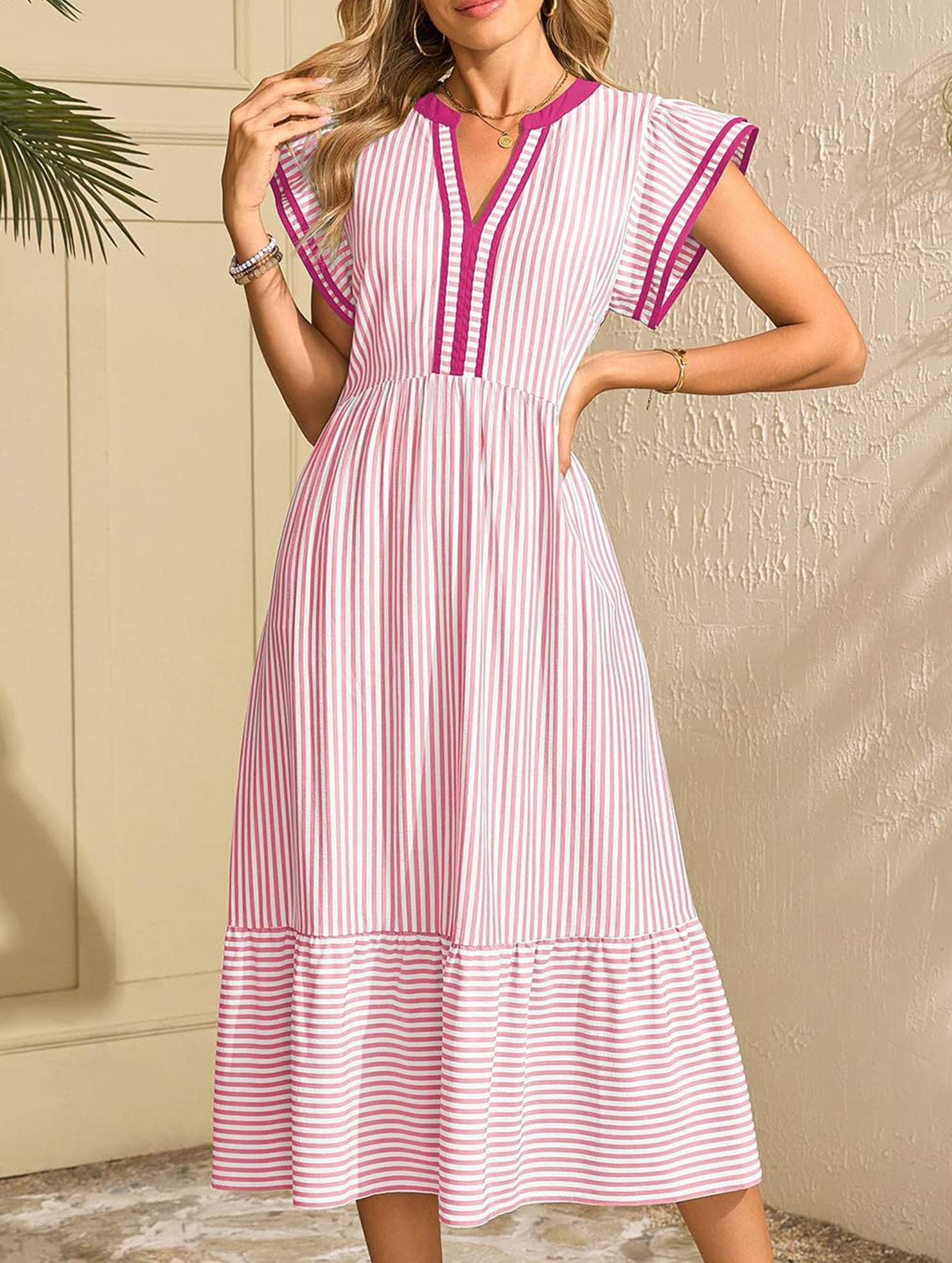 Anna-Berg | Colorblock Stripe Flutter Sleeve Dress