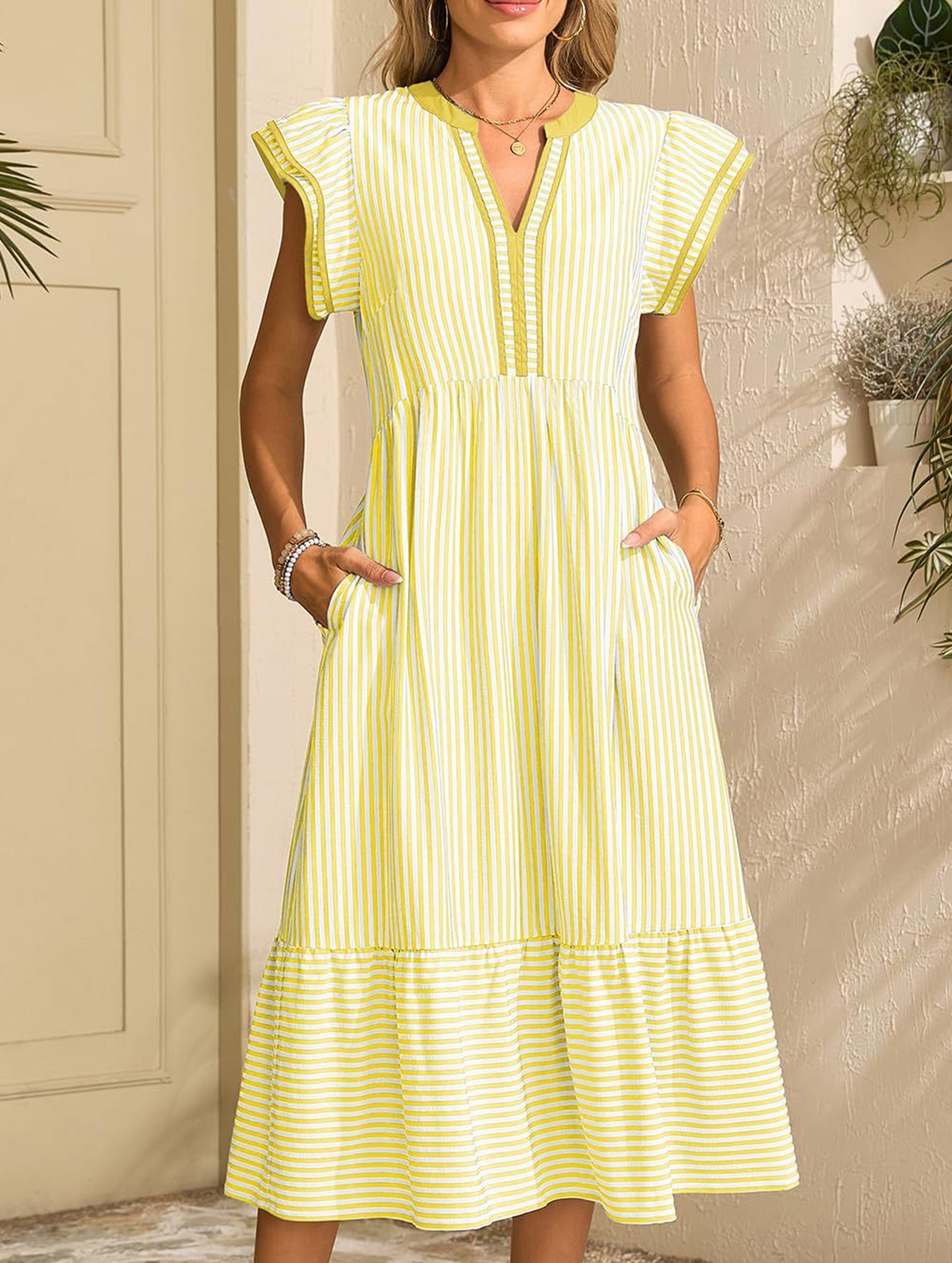 Anna-Berg | Colorblock Stripe Flutter Sleeve Dress