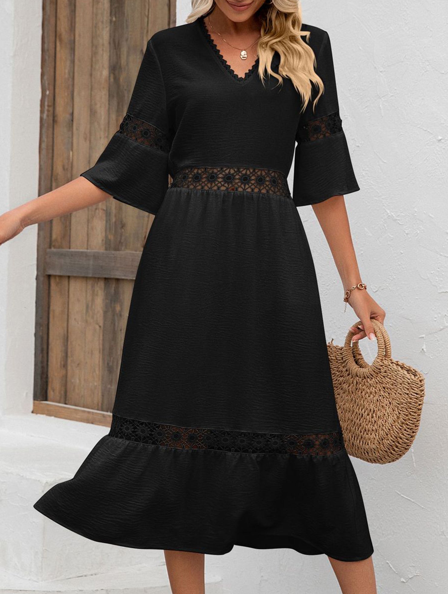 Anna-Berg | V Neck Hollow Short Sleeve Dress