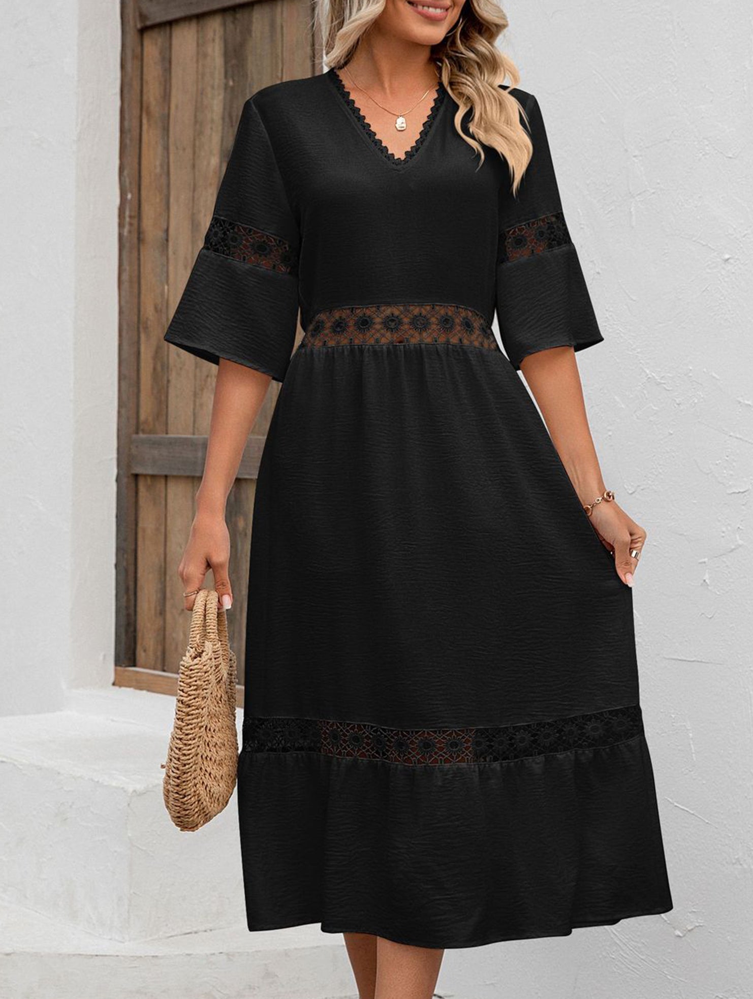 Anna-Berg | V Neck Hollow Short Sleeve Dress