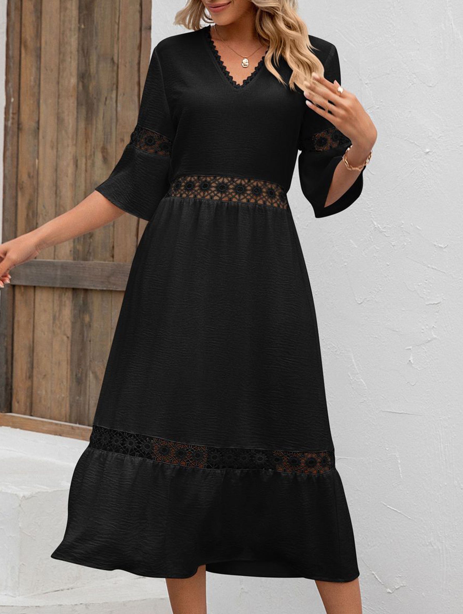 Anna-Berg | V Neck Hollow Short Sleeve Dress