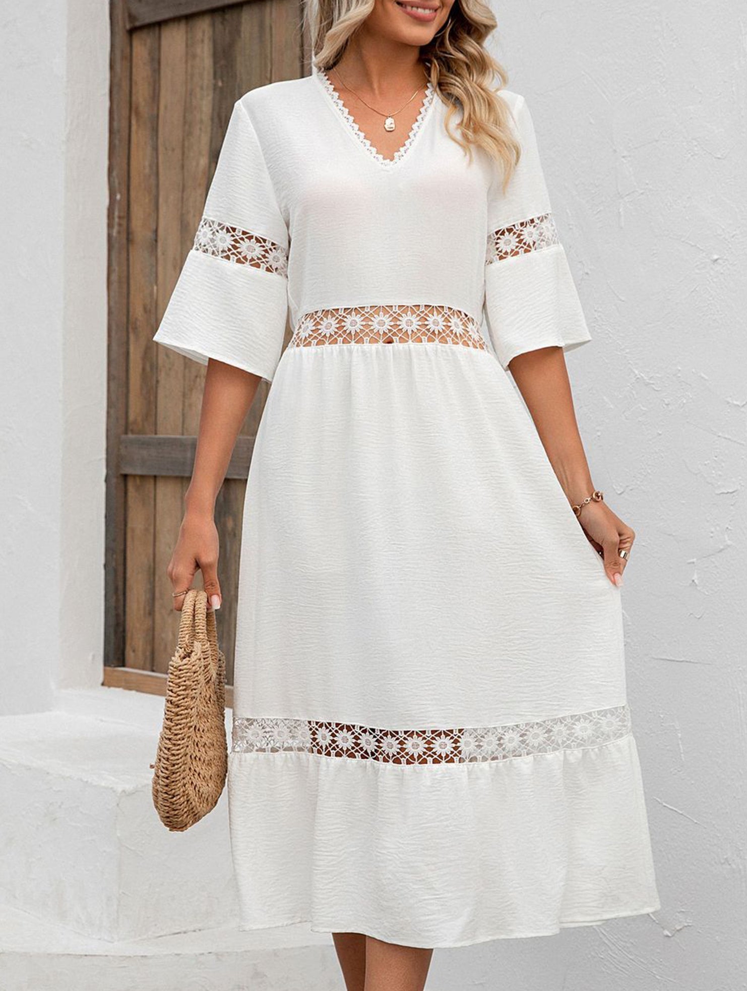 Anna-Berg | V Neck Hollow Short Sleeve Dress
