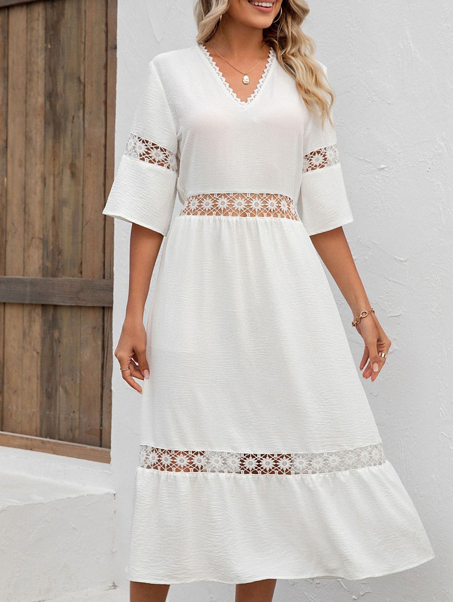 Anna-Berg | V Neck Hollow Short Sleeve Dress