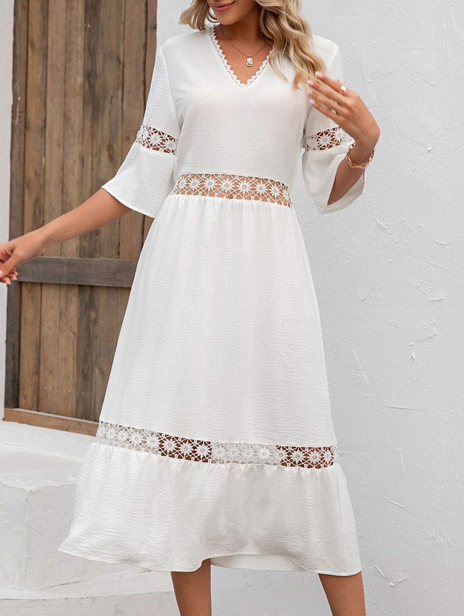 Anna-Berg | V Neck Hollow Short Sleeve Dress