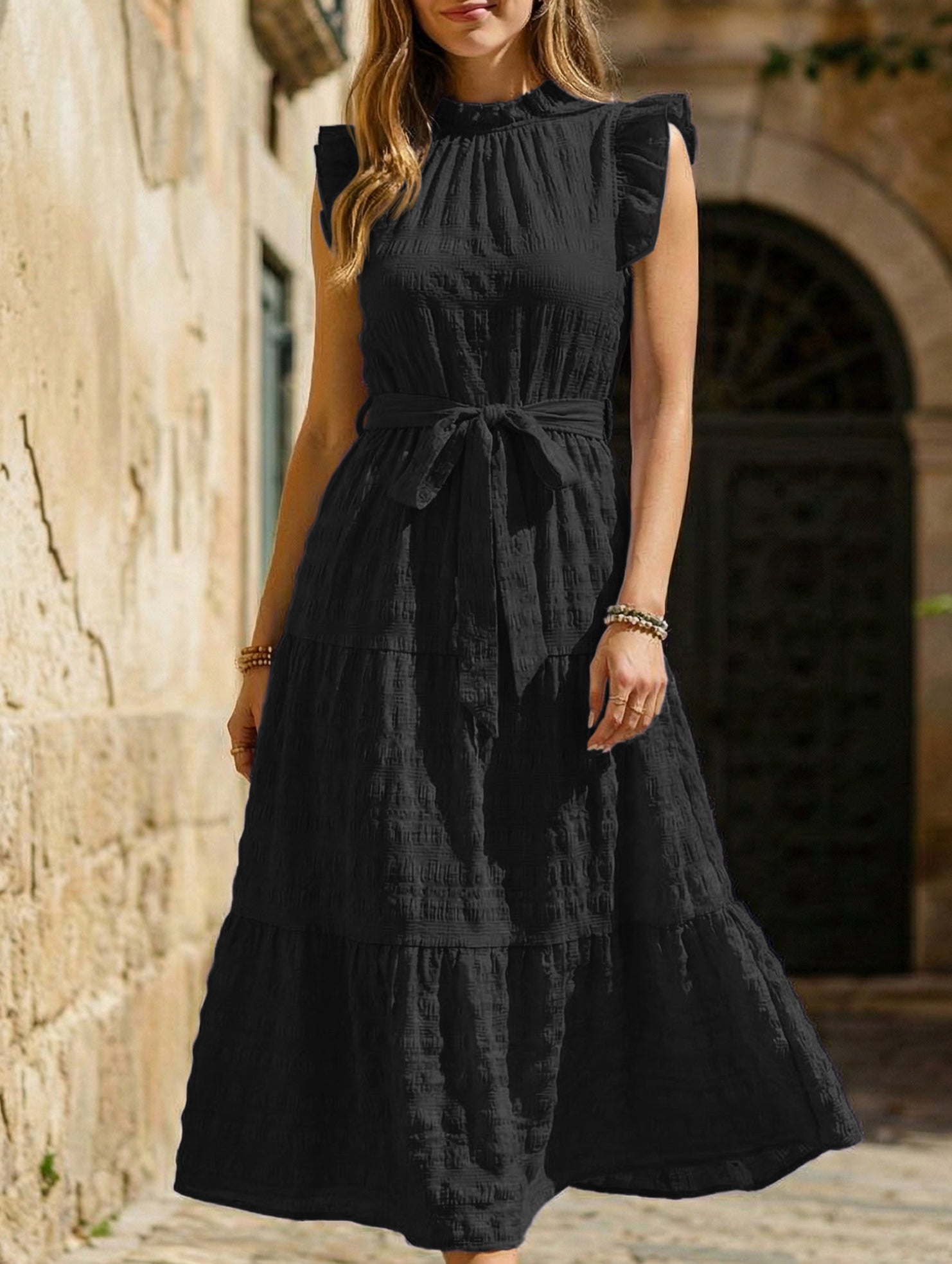 Anna-Berg | Ruffled Flutter Sleeve Tie Textured Dress