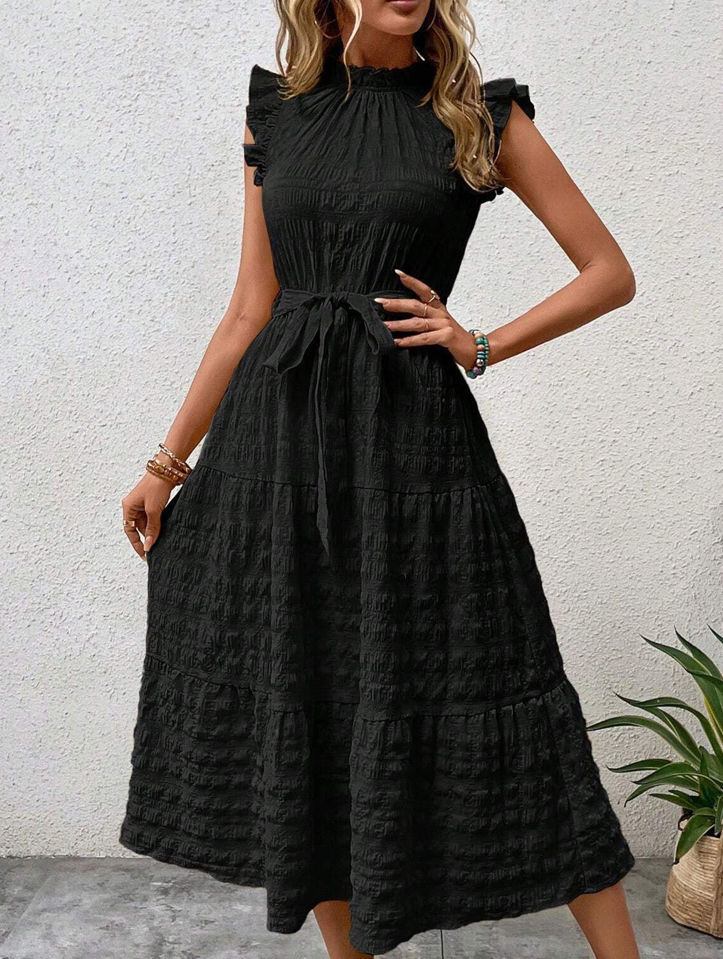 Anna-Berg | Ruffled Flutter Sleeve Tie Textured Dress
