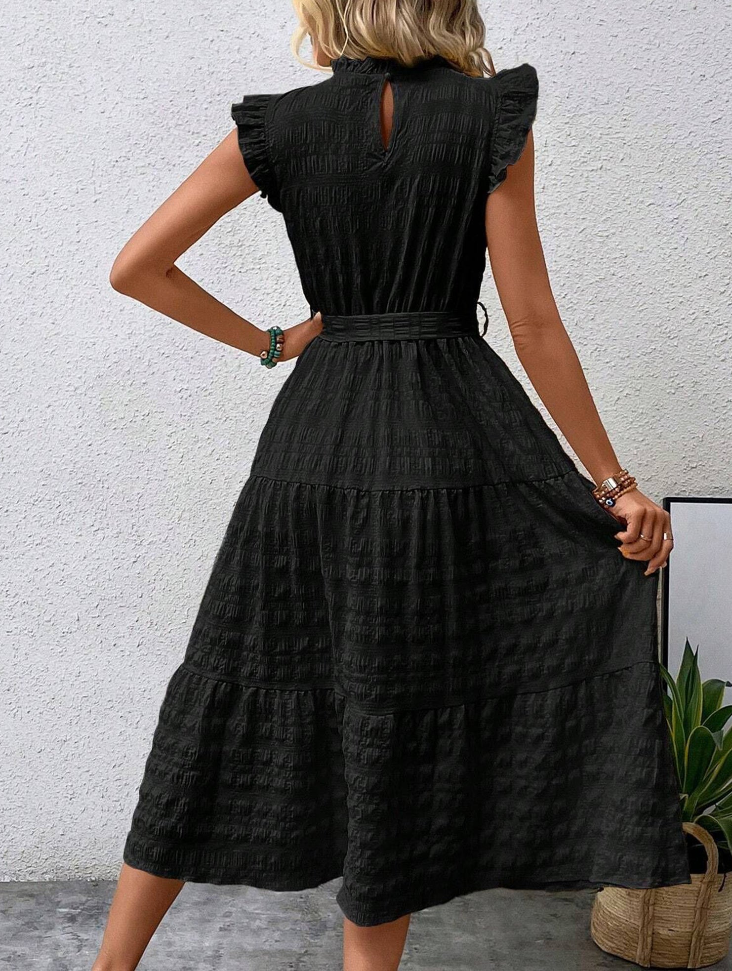 Anna-Berg | Ruffled Flutter Sleeve Tie Textured Dress