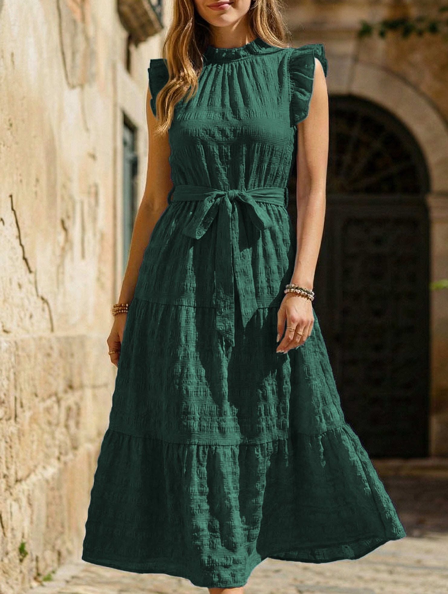 Anna-Berg | Ruffled Flutter Sleeve Tie Textured Dress
