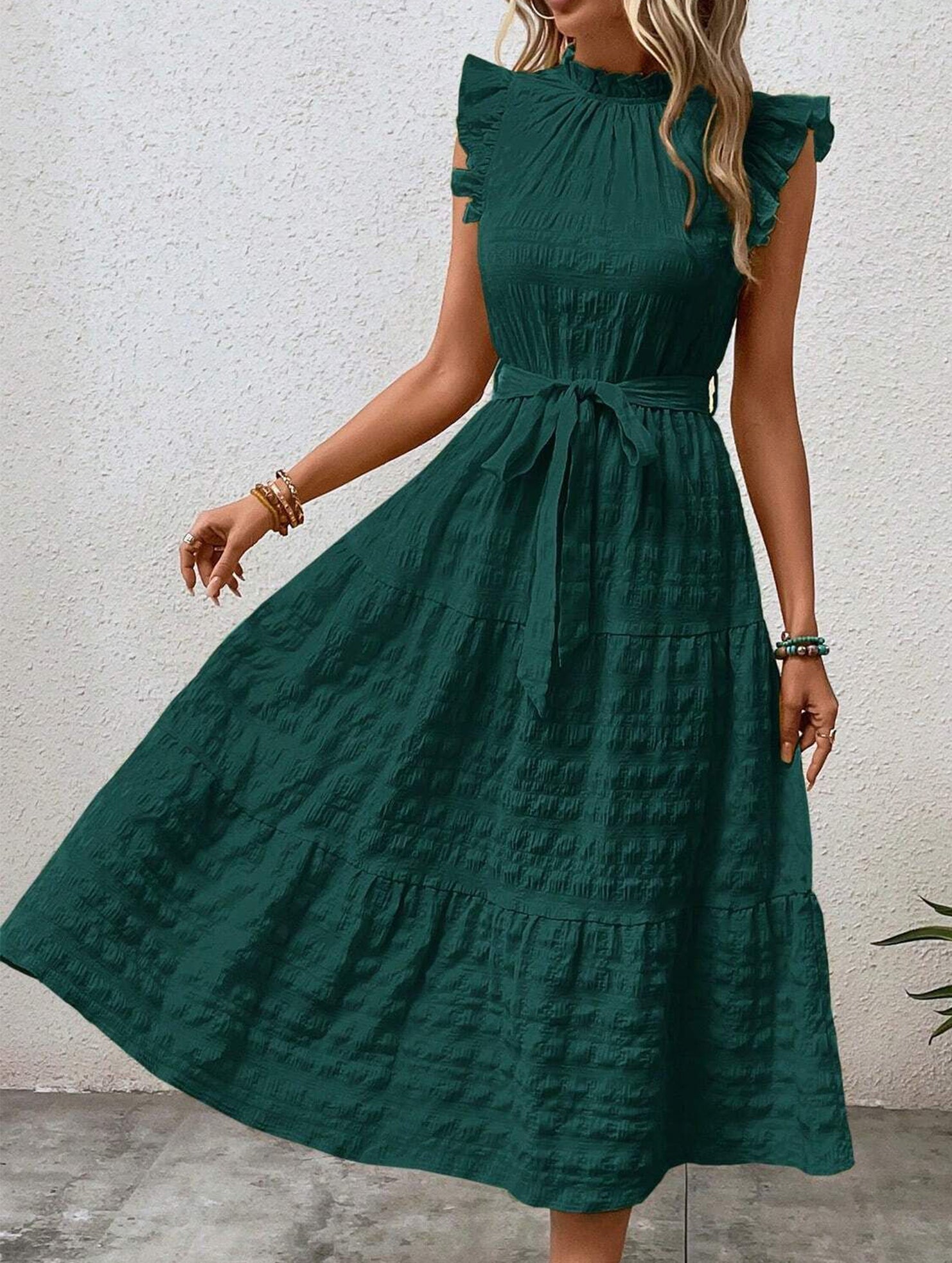 Anna-Berg | Ruffled Flutter Sleeve Tie Textured Dress