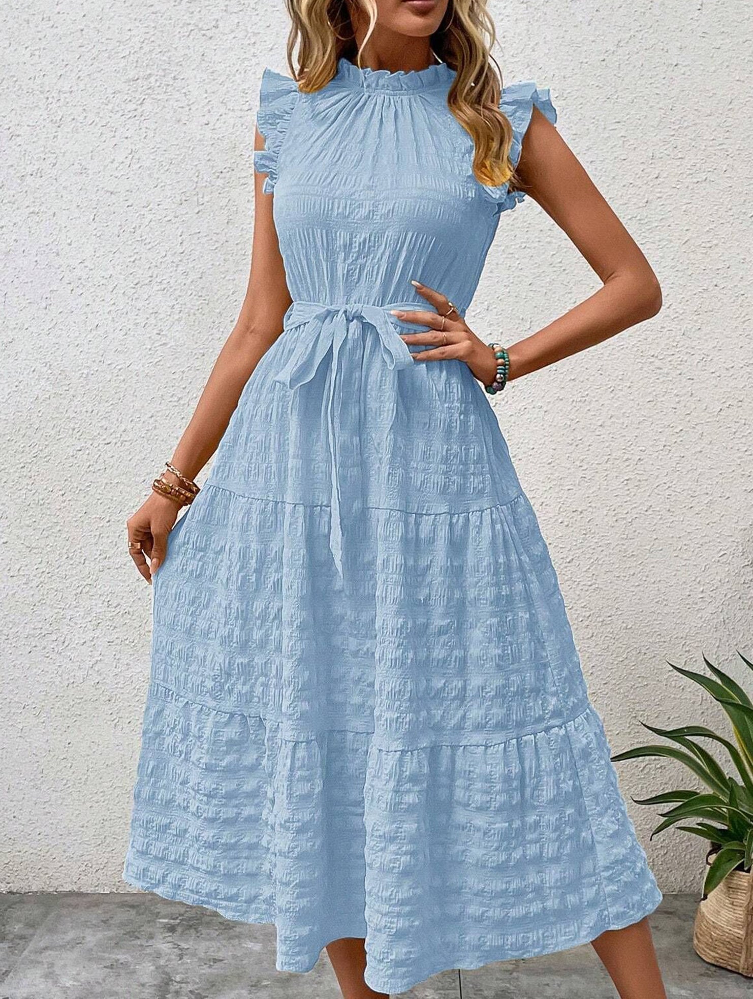 Anna-Berg | Ruffled Flutter Sleeve Tie Textured Dress