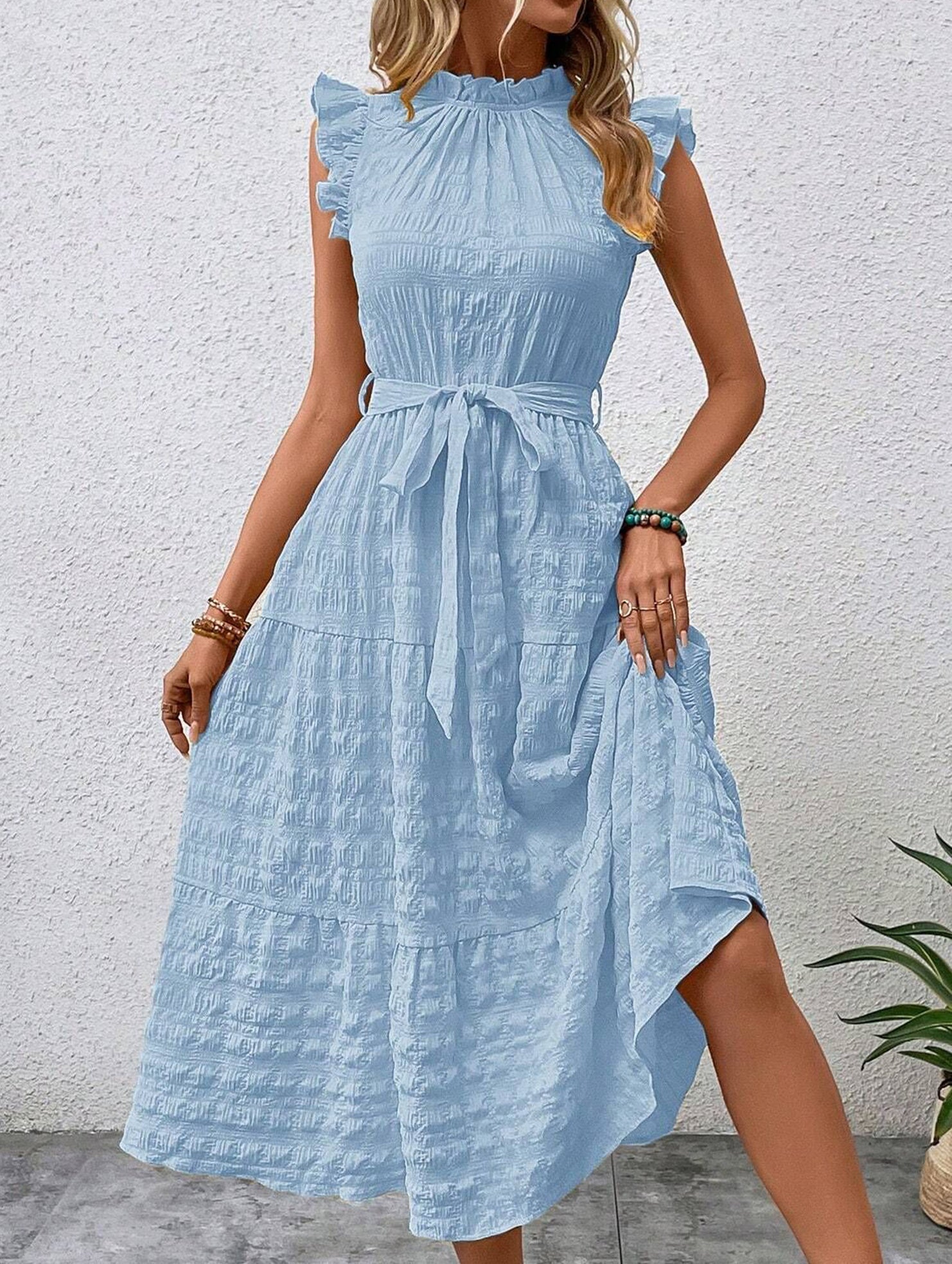 Anna-Berg | Ruffled Flutter Sleeve Tie Textured Dress