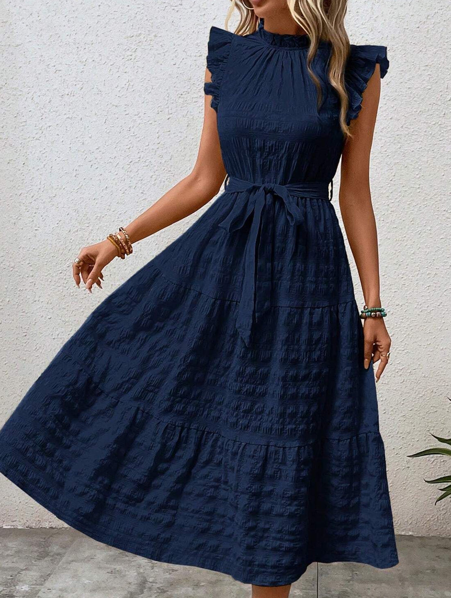 Anna-Berg | Ruffled Flutter Sleeve Tie Textured Dress