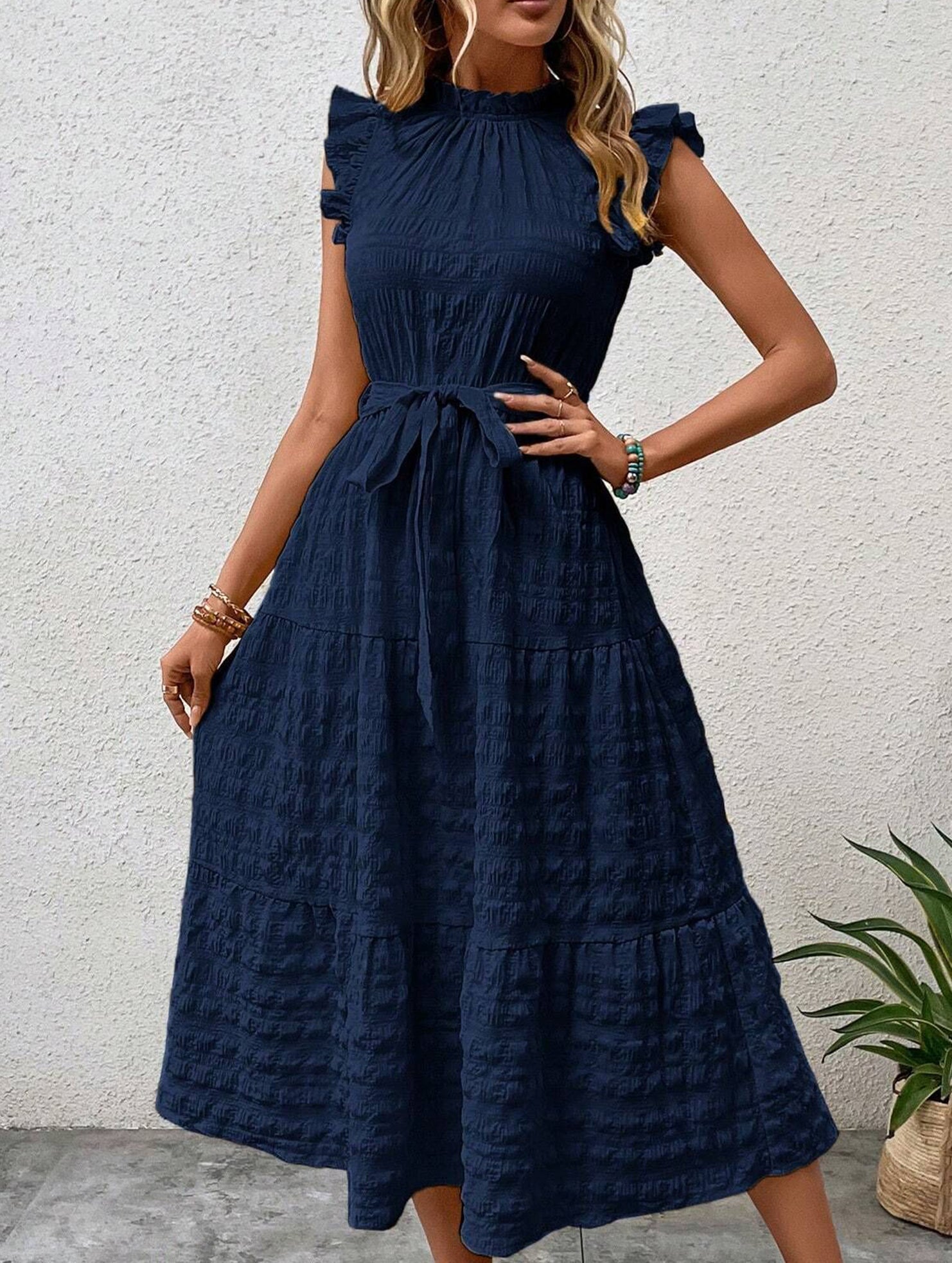 Anna-Berg | Ruffled Flutter Sleeve Tie Textured Dress