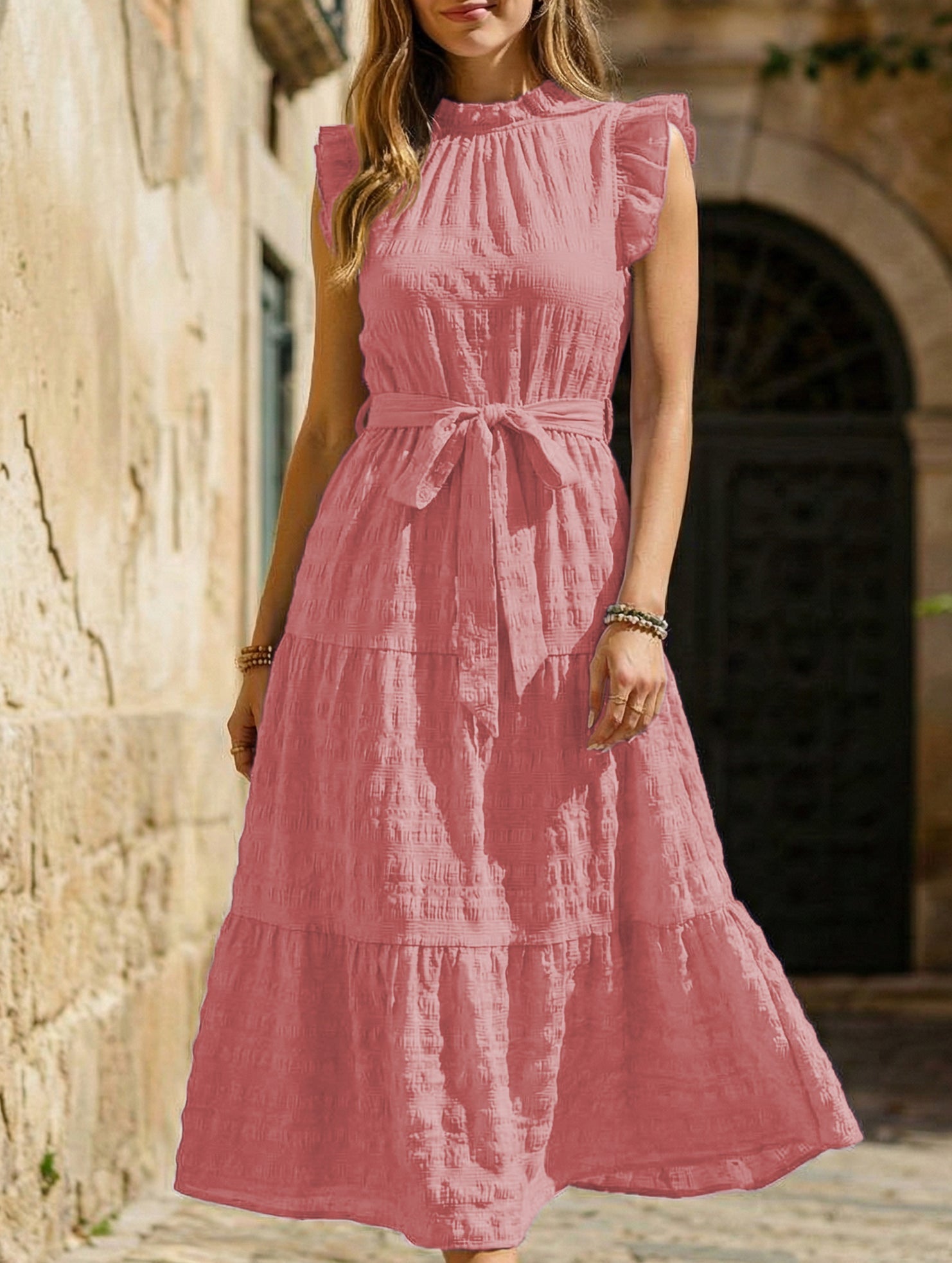 Anna-Berg | Ruffled Flutter Sleeve Tie Textured Dress