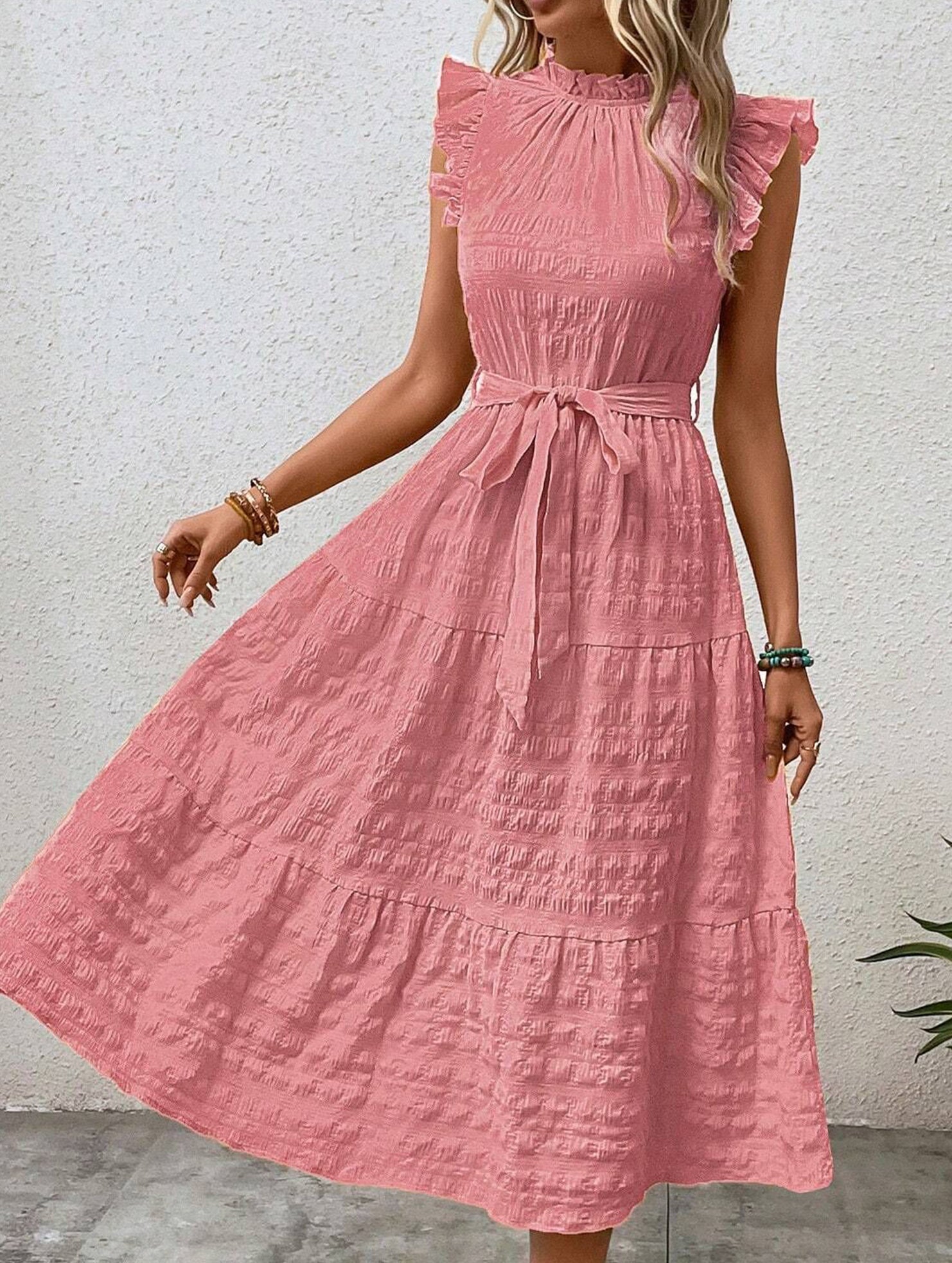Anna-Berg | Ruffled Flutter Sleeve Tie Textured Dress