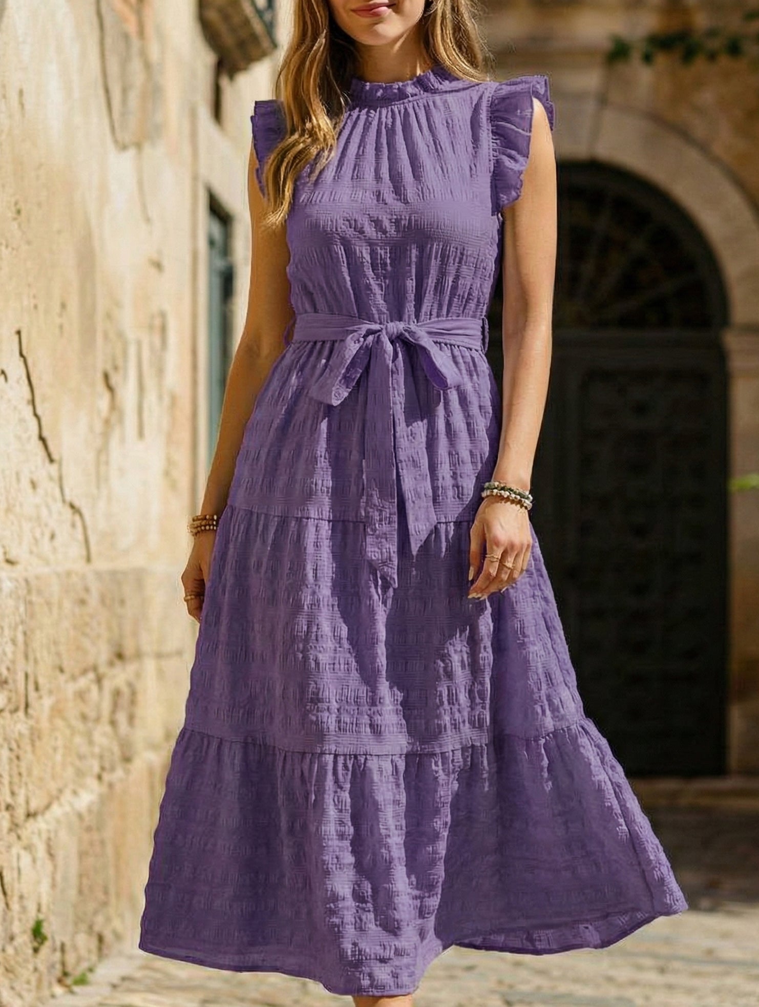 Anna-Berg | Ruffled Flutter Sleeve Tie Textured Dress